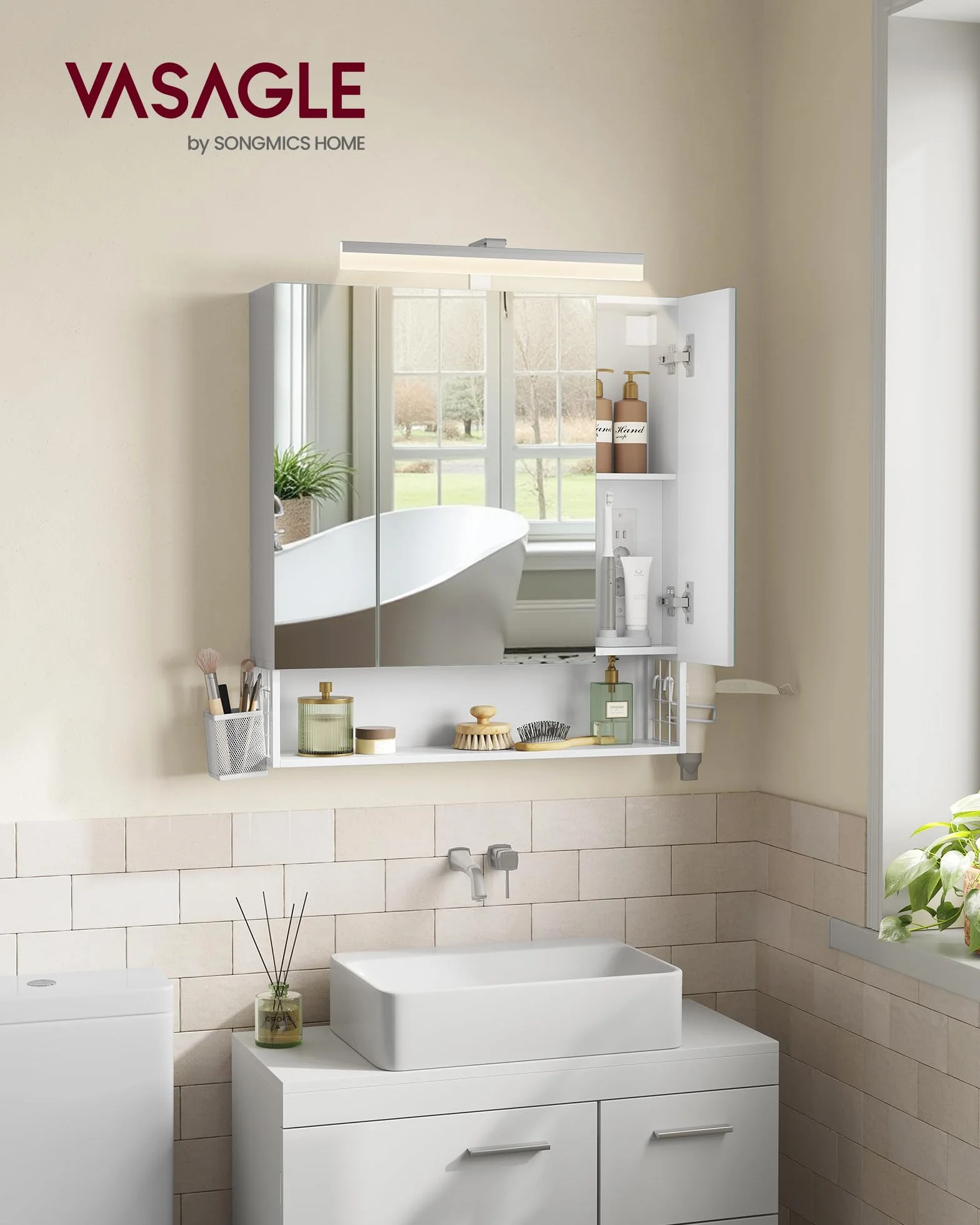 VASAGLE Meuble de Salle de Bain avec Éclairage LED, 16,5 x 70 x 75 cm, Multiprise, Panier Suspendu, Support pour Sèche-Cheveux, pour Salle de Bain, Lavabo, Blanc Nuage BBK126W01