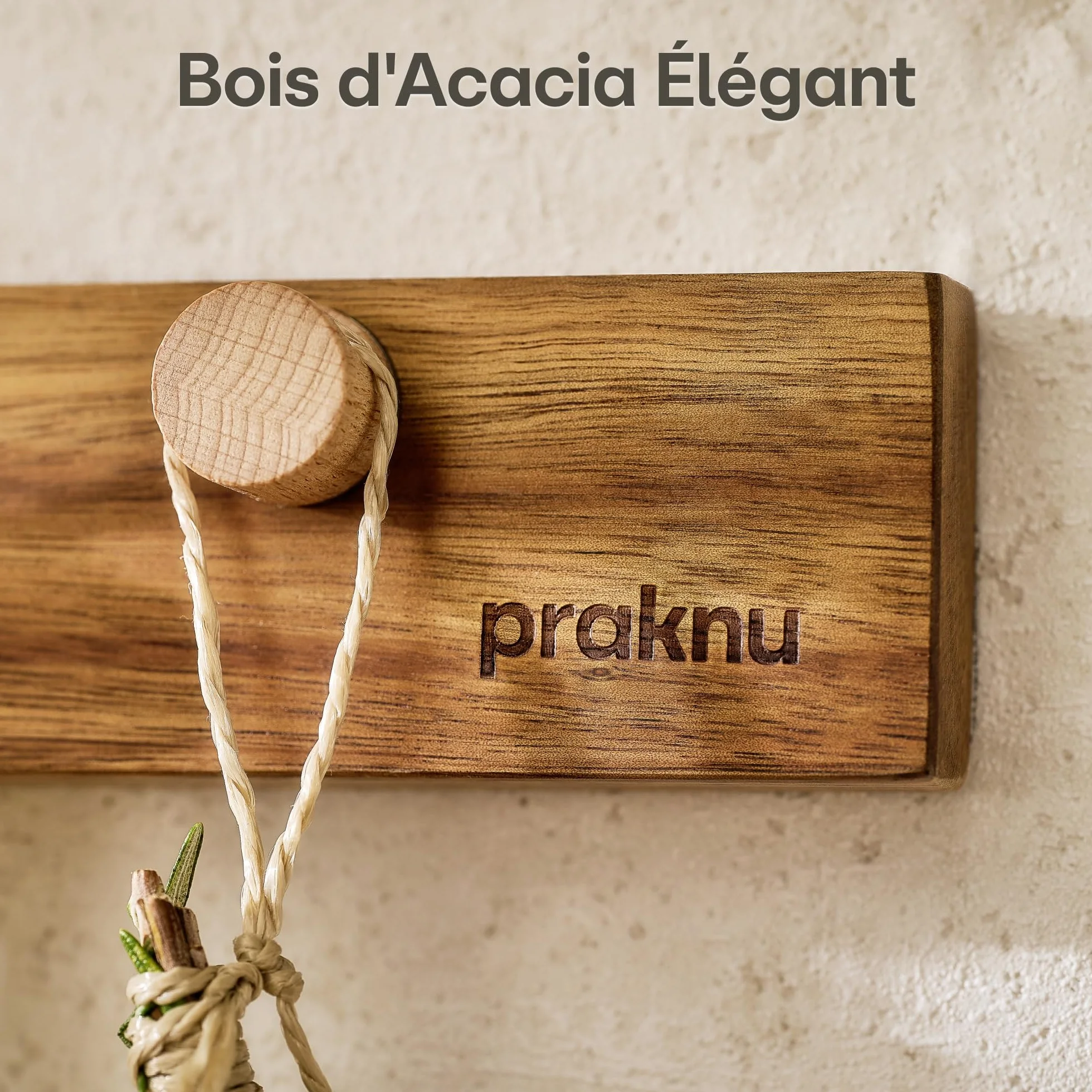 Praknu Porte Couteaux Aimanté Autocollante - 40 cm en Bois d’Acacia – Avec 3 Crochets Magnétiques - Barre Murale pour Jusqu’à 8 Couteaux Lourds