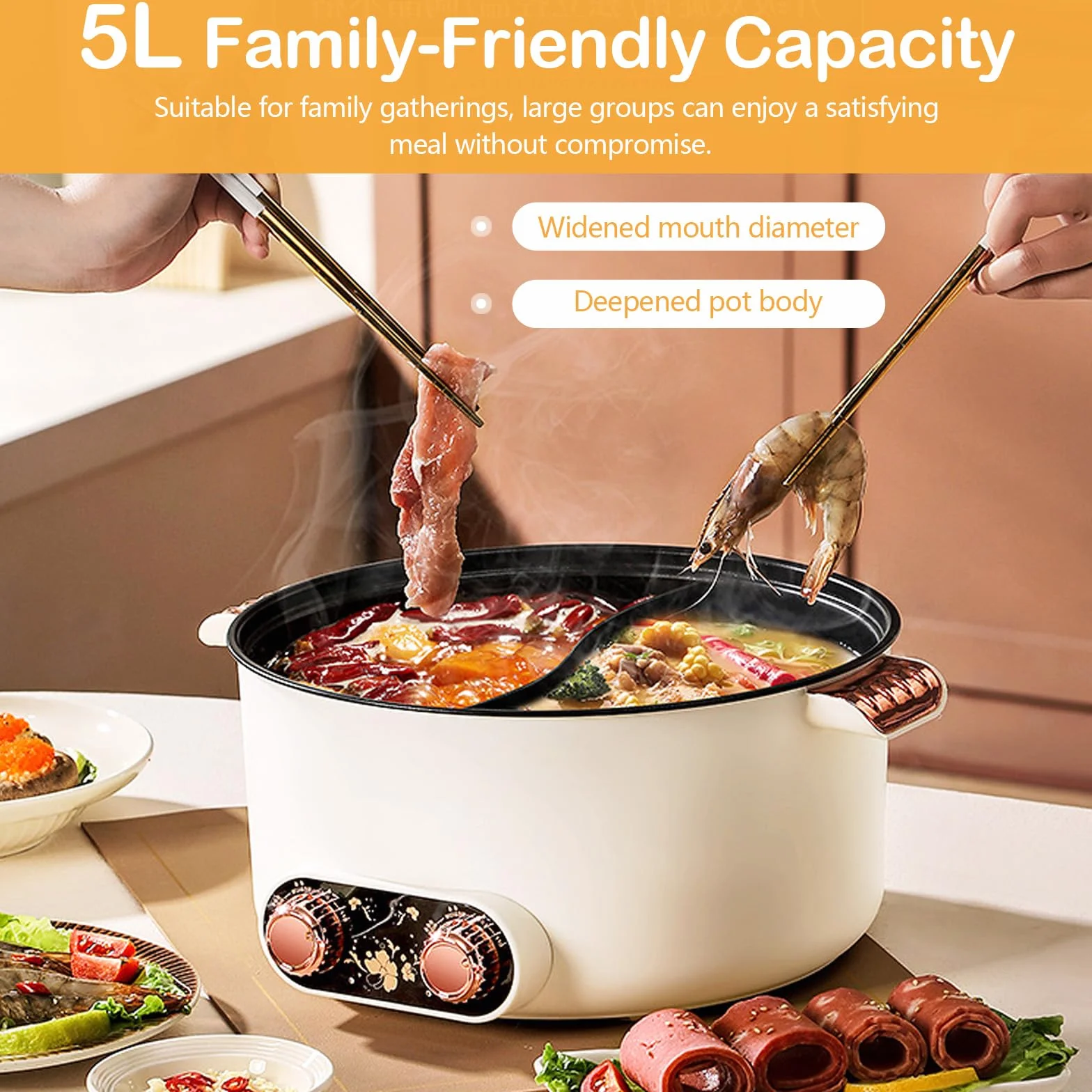 Appareil a Fondue, Fondue Chinoise 5 L à avec Compartiments Rechaud Electrique Pot 1 350 W avec 3 Réglages de Puissance pour Cuire des Fondues Préparer des Soupes Faire Bouillir des Nouilles