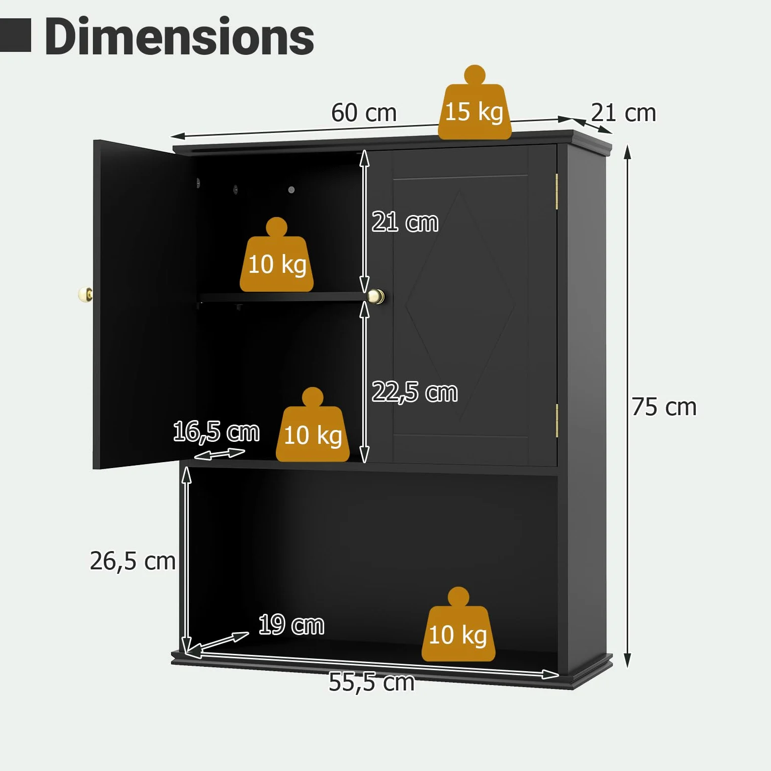 COSTWAY Armoire Murale Salle de Bain, Meuble WC Suspendu avec 2 Portes, Étagère Réglable, Compartiment Ouvert, Style Ferme, Gain de Place, pour Toilette, Buanderie, Cuisine, 21 x 60 x 75 cm (Noir)