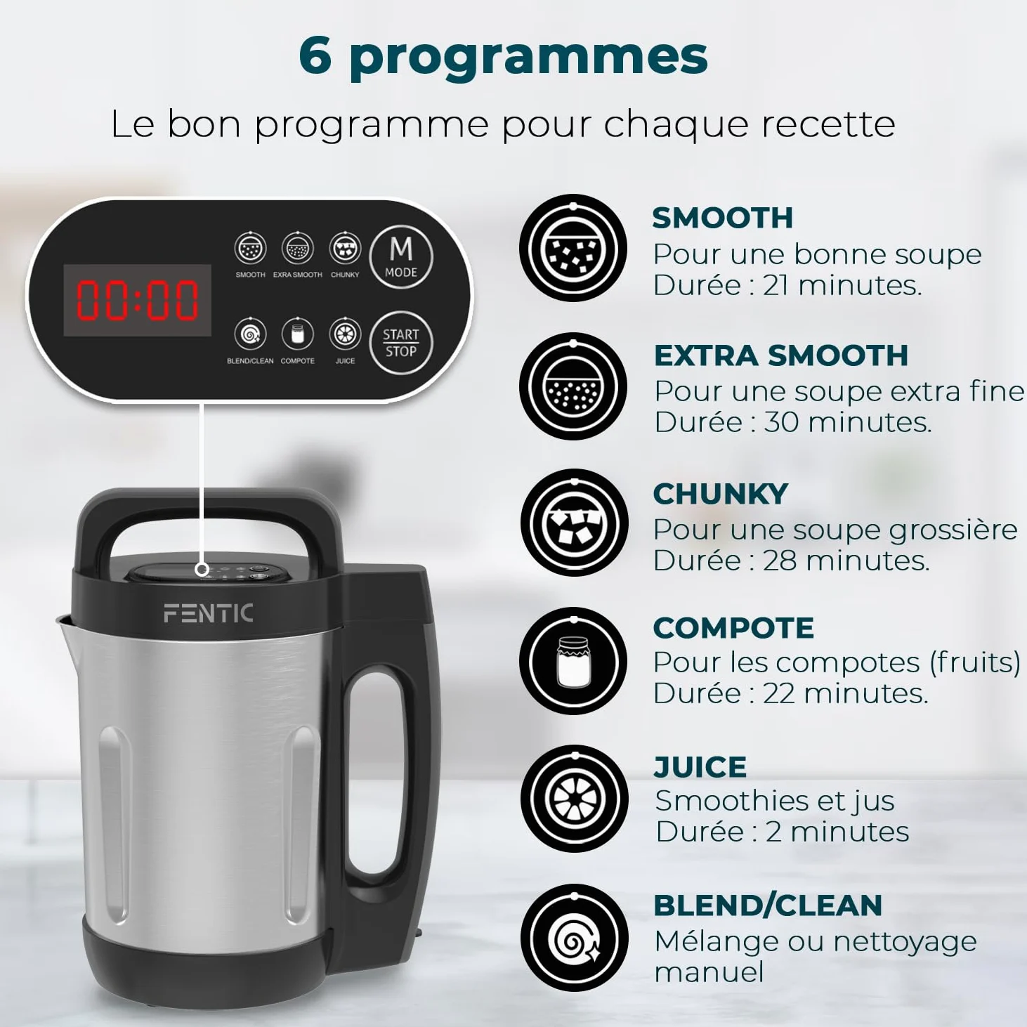 Blender Soupe | 2L | 6 Programmes | Affichage LED | Blender Chauffant | 1000W | Acier Inoxydable/Noir
