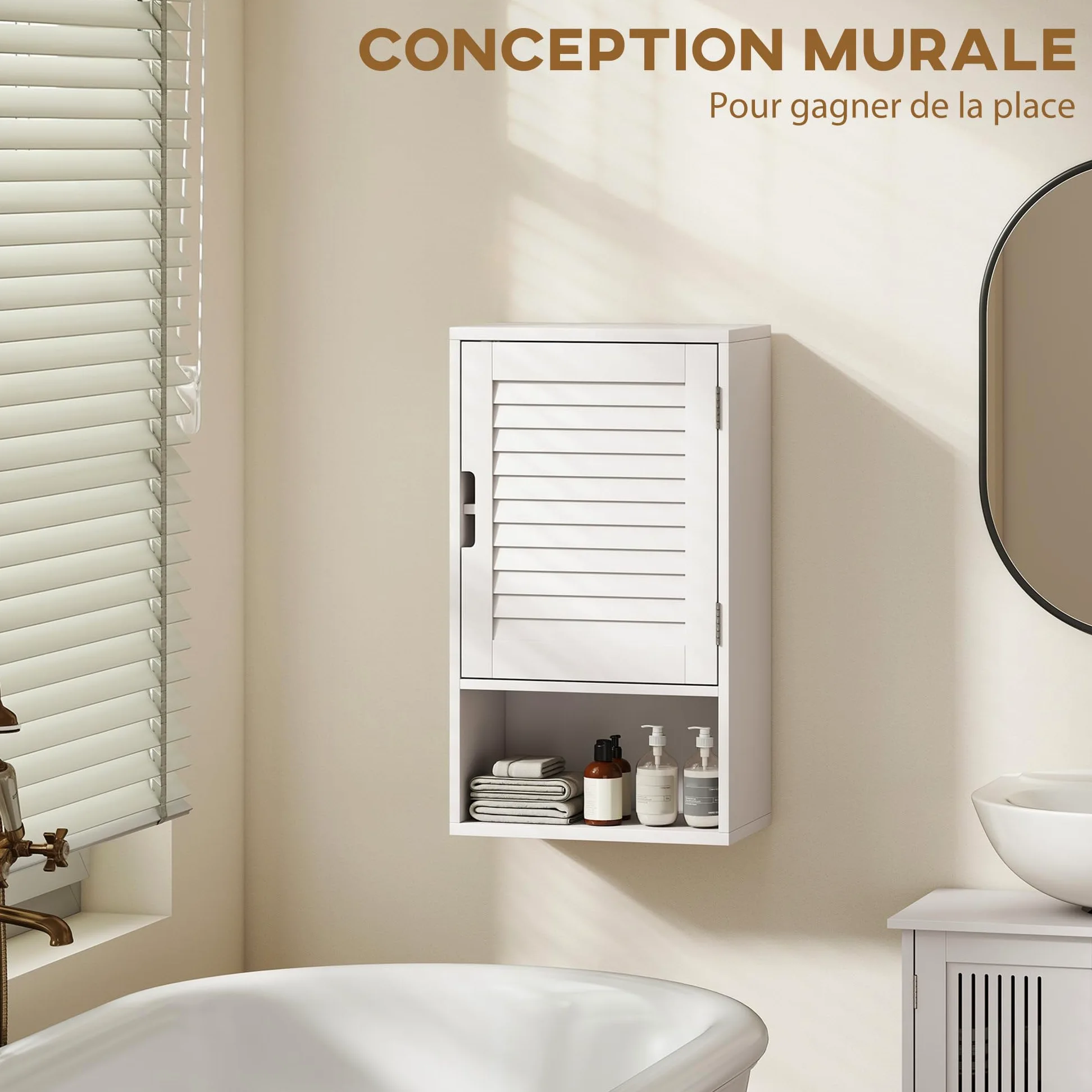 HOMCOM Armoire Murale de Salle de Bain, Meuble de Rangement Suspendu pour Salle de Bains avec Porte à Lattes, étagère réglable et Compartiment Ouvert, Meuble WC Suspendu, 40x20x60cm, Blanc