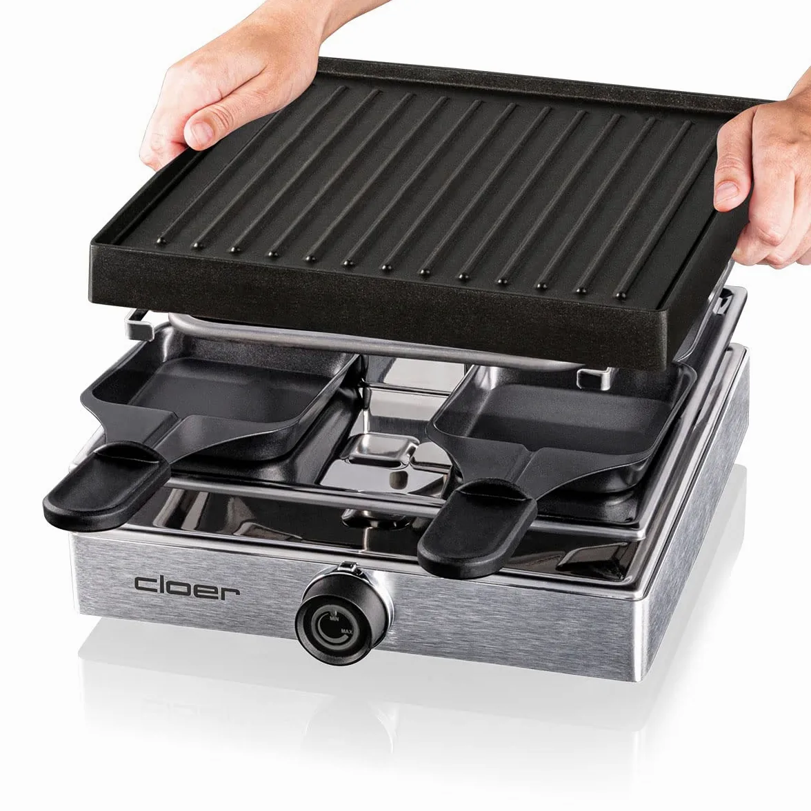 Cloer 6454 Raclette gril avec plaque en aluminium moulé sous pression, 4 poêlons à raclette antiadhésifs, spatule en plastique, emplacement de stationnement non chauffé, 750 W, aluminium