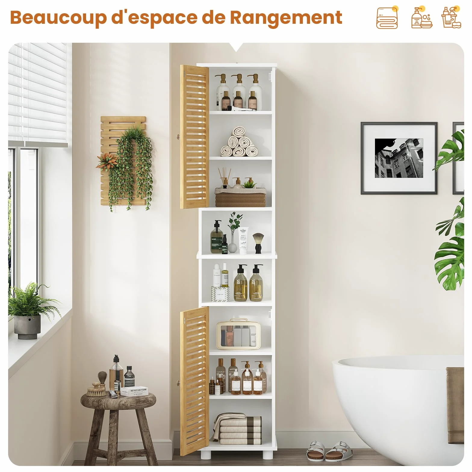 Meuble Colonne Salle de Bain, Armoire de Salle de Bain Haute avec 2 Étagères Ouvertes et 2 Portes en Bambou，Meuble pour Salon, WC, Cuisine, Entrée, 30 × 32 ×190 CM