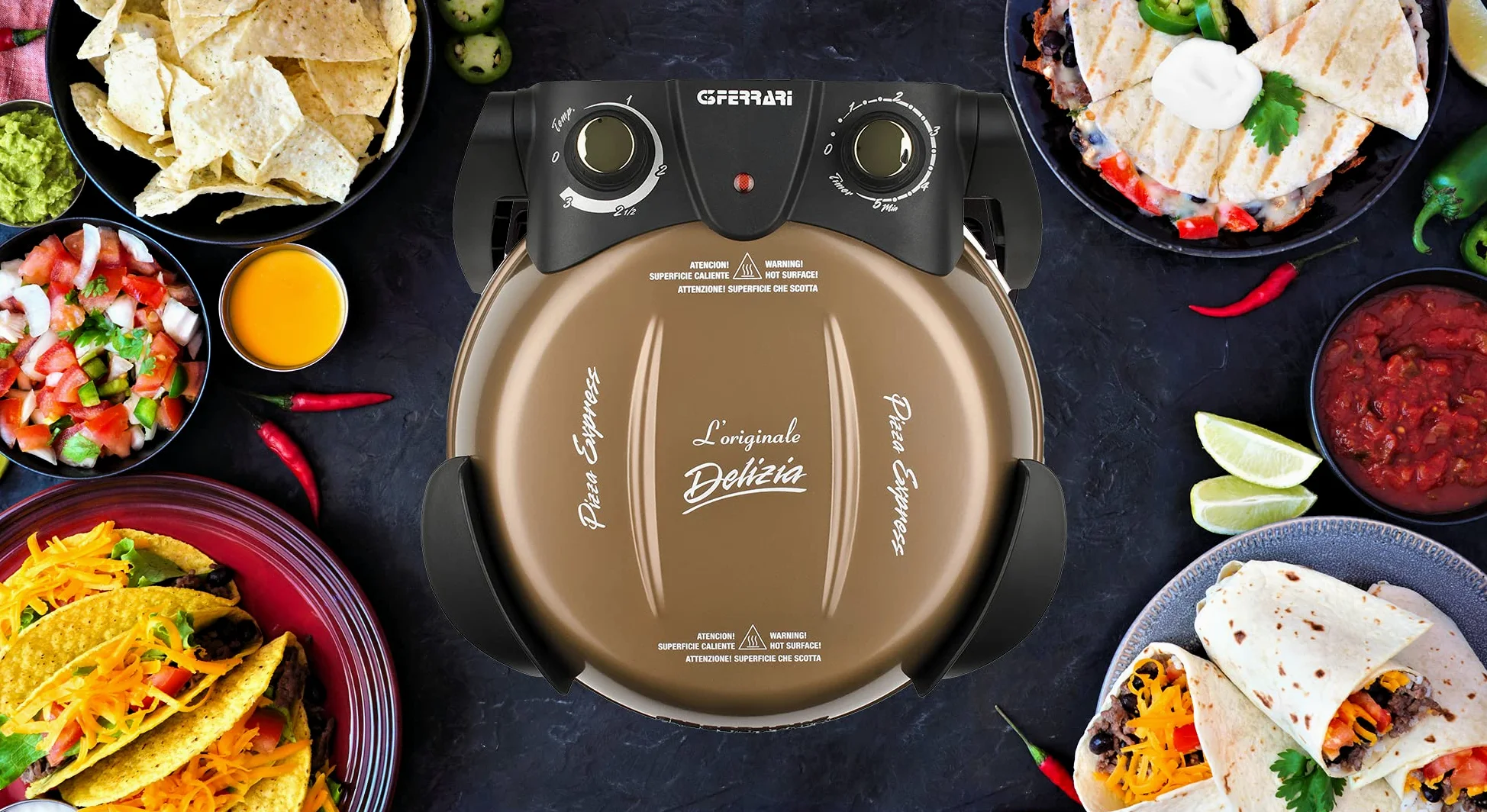 G3 Ferrari G10006 Pizza Exprimer Plaisir, Four Pizza, 1200 W, 400°C, Pierre Réfractaire (diamètre 31 cm), Minuteur 5', Livre de Recettes inclus, Cuivre