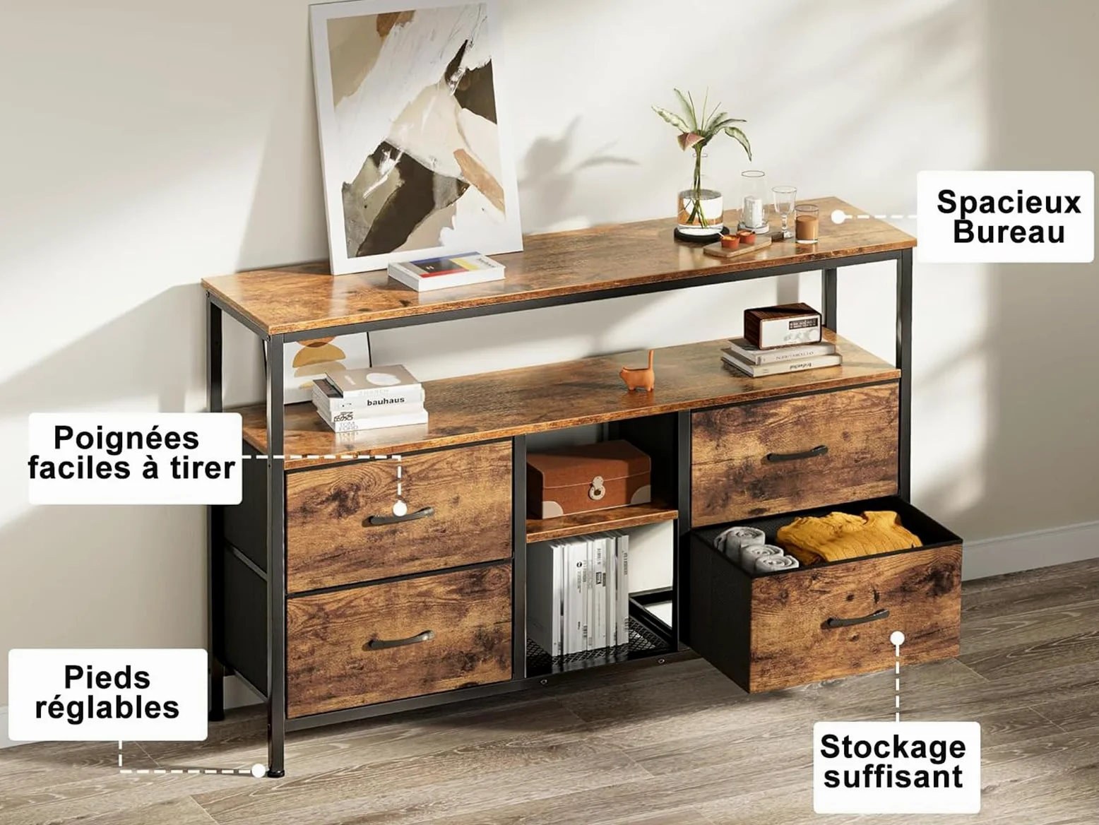BestAlice Meuble TV Vintage avec éclairage LED, casier avec 4 tiroirs et 3 étagères, Cadre en Fer et Meuble TV à Panneaux de Particules, Pieds réglables en Hauteur(108cm-B)
