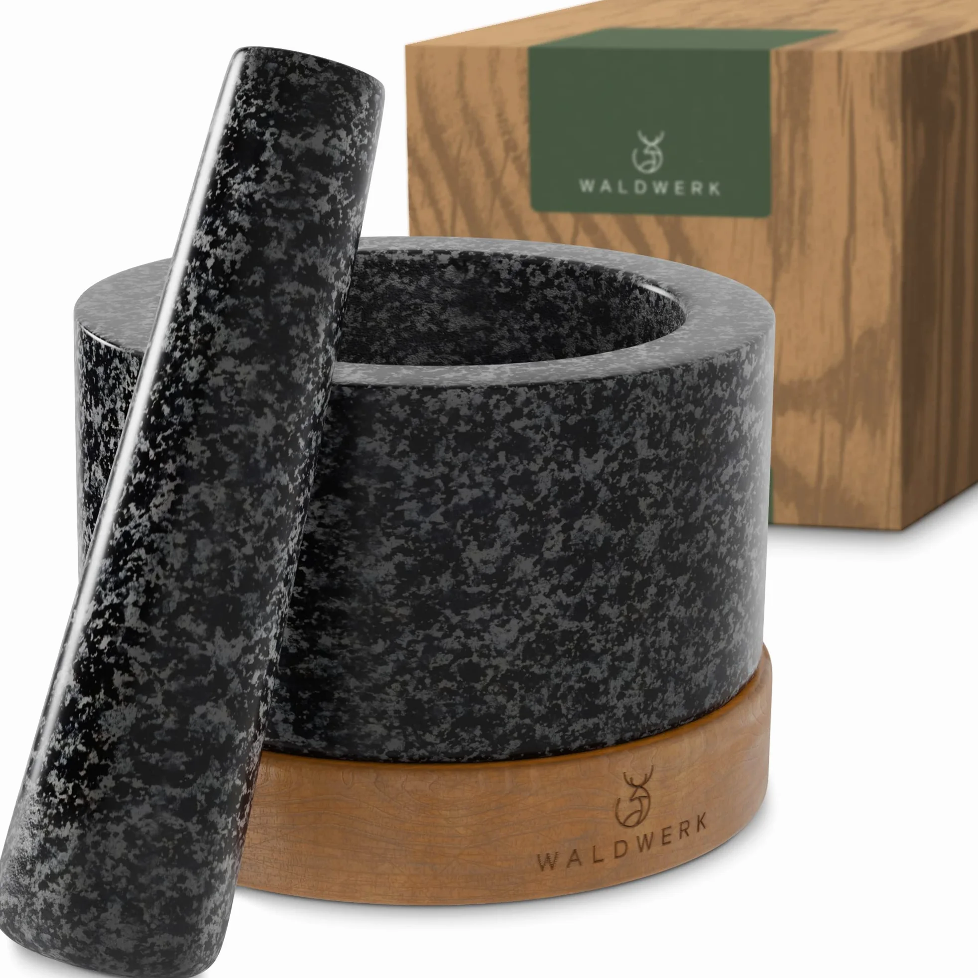 WALDWERK Mortier avec Pilon pour Cuisine (diamètre de 12 cm) - Mortier avec Base en Bois d’Acacia Élégante et Solide - Pilon du Mortier Extra Long en Granit Naturel