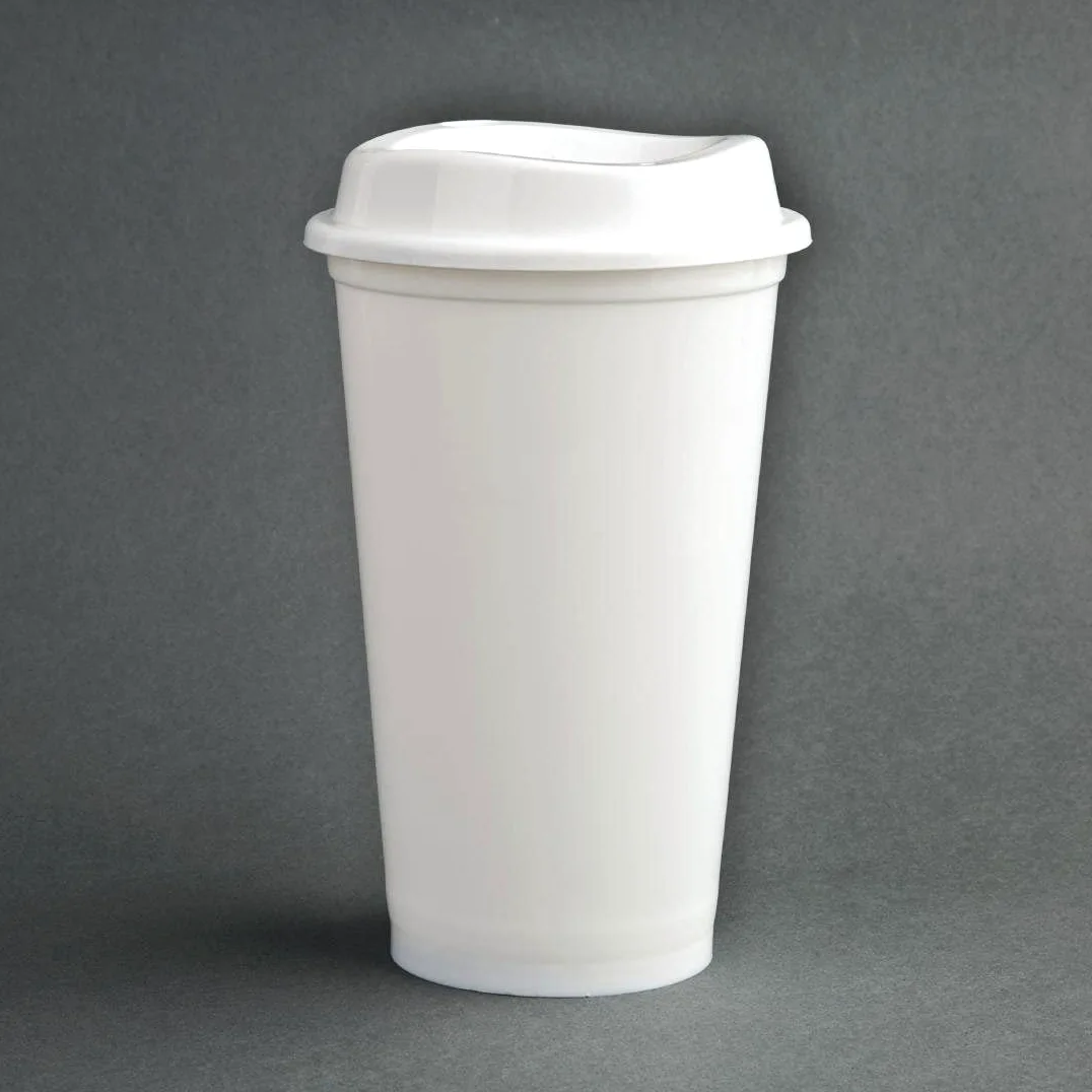 Olympia - Lot de 25 gobelets à café réutilisables en polypropylène 473 ml blancs recyclables avec couvercle tasses recyclables pour boissons chaudes et froides CW929