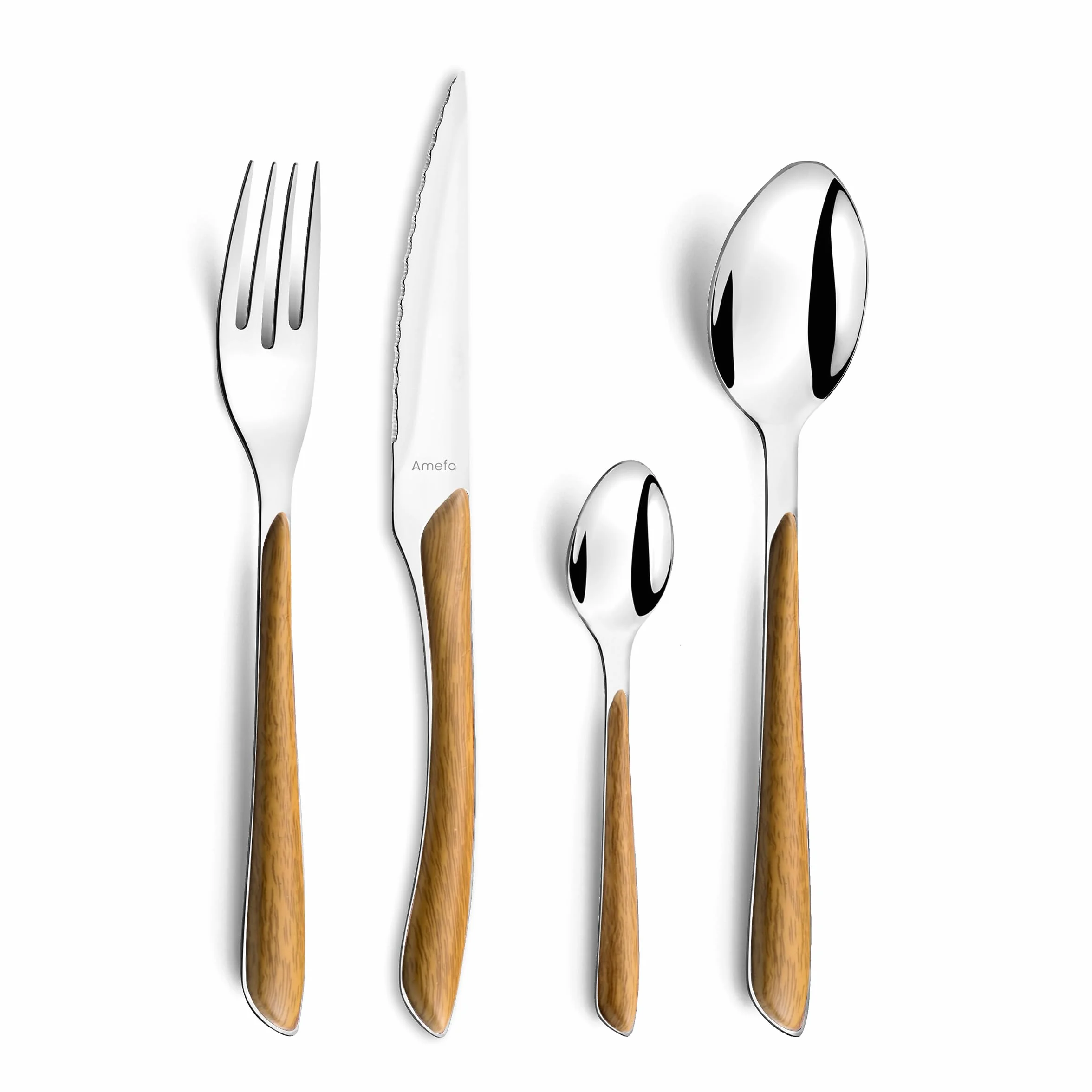 AMEFA - Ménagère 24 couverts de table pour 6 personnes - Eclat Nature - Acier inoxydable 18/0, Finition Brillante - Bois Clair