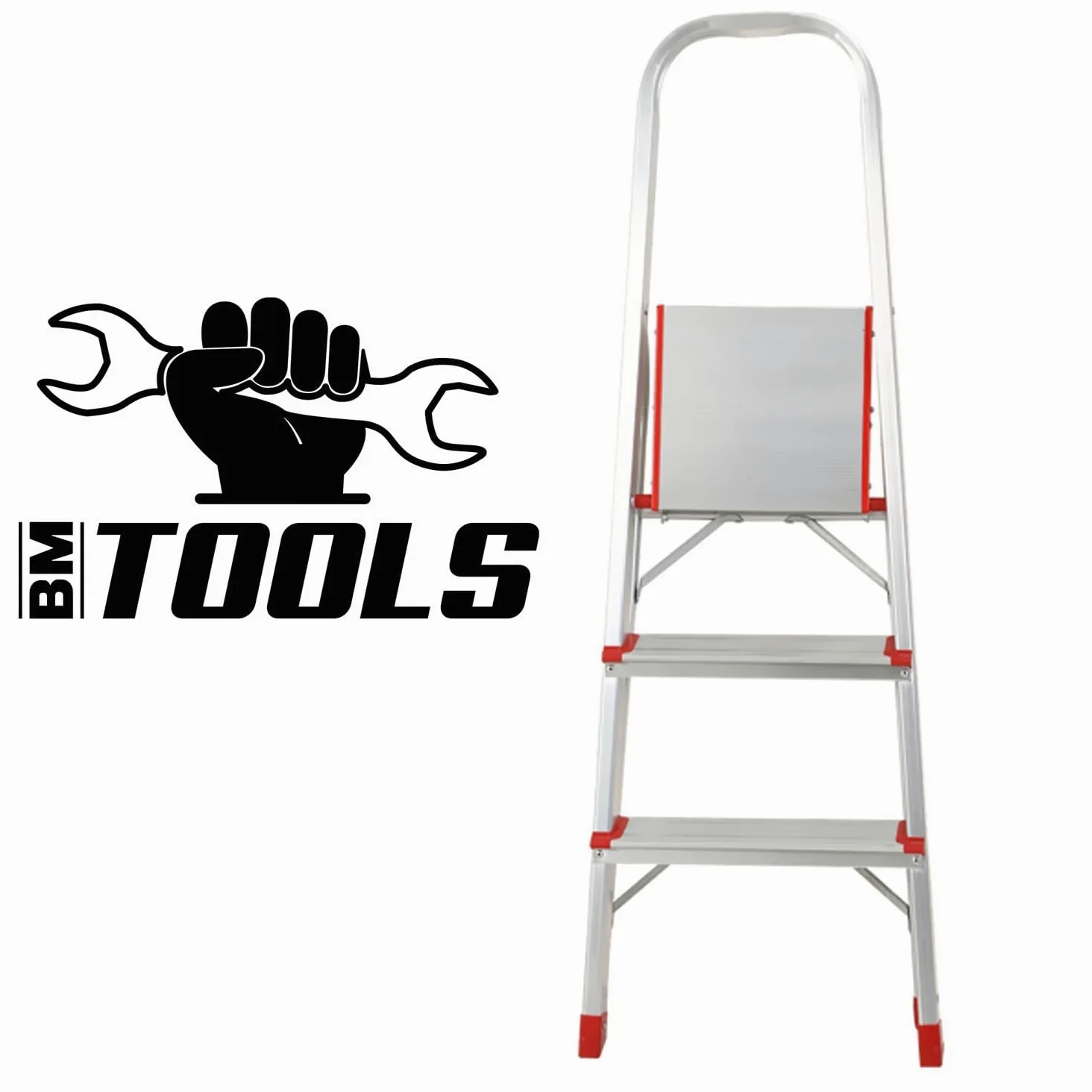 Escabeau à 3 marches BM TOOLS BMT-ESC3-ALU - Haut. de Travail : 59 cm - Prend Peu de Place et se Range Facilement - en Aluminium