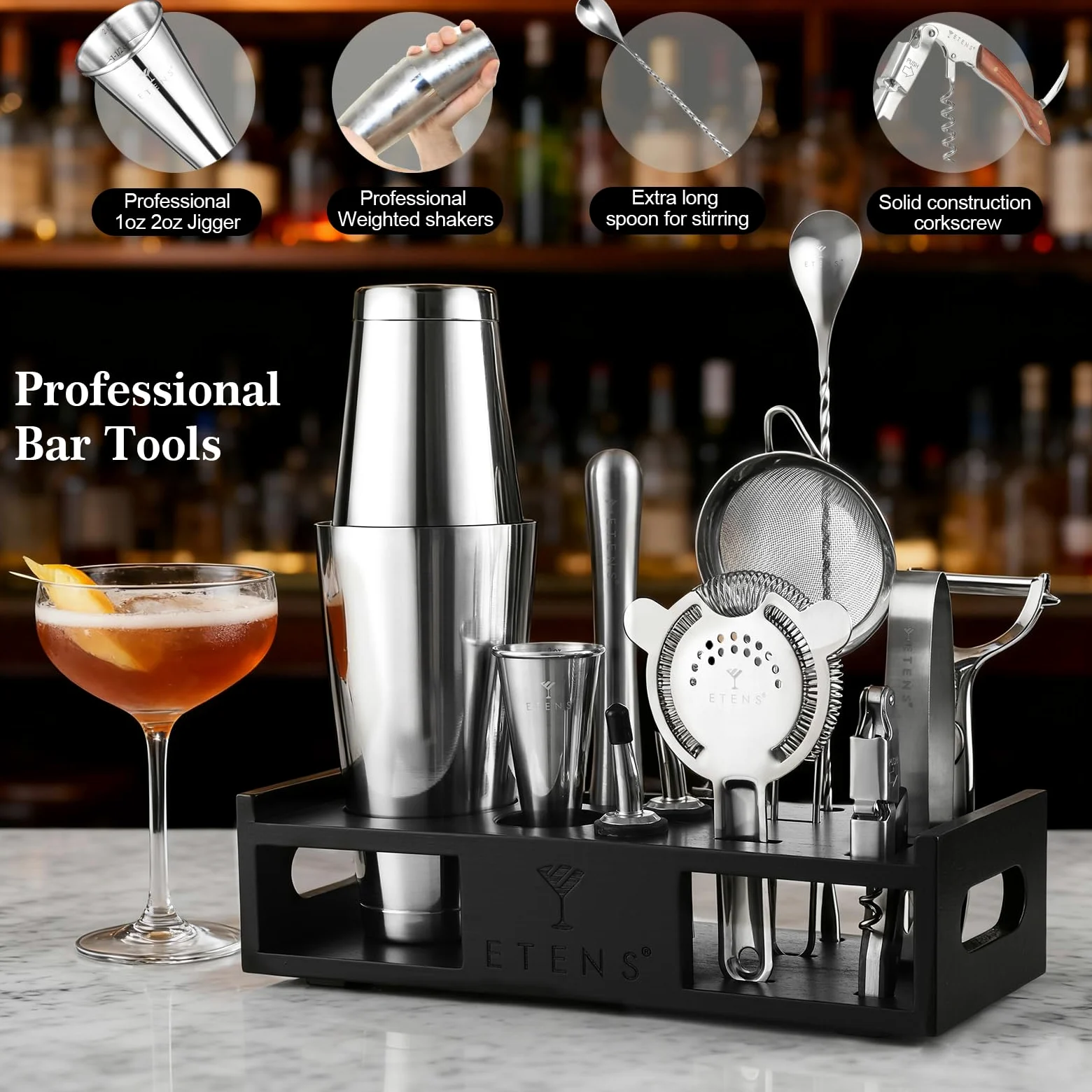 ETENS Ensemble Shaker à Cocktail - Accessoires de Bar - 15 pièces Mixology Barman Comprenant Un Shaker Boston, Un doseur Japonais, Une passoire, Un décapsuleur, Une cuillère à mélanger à Cocktail