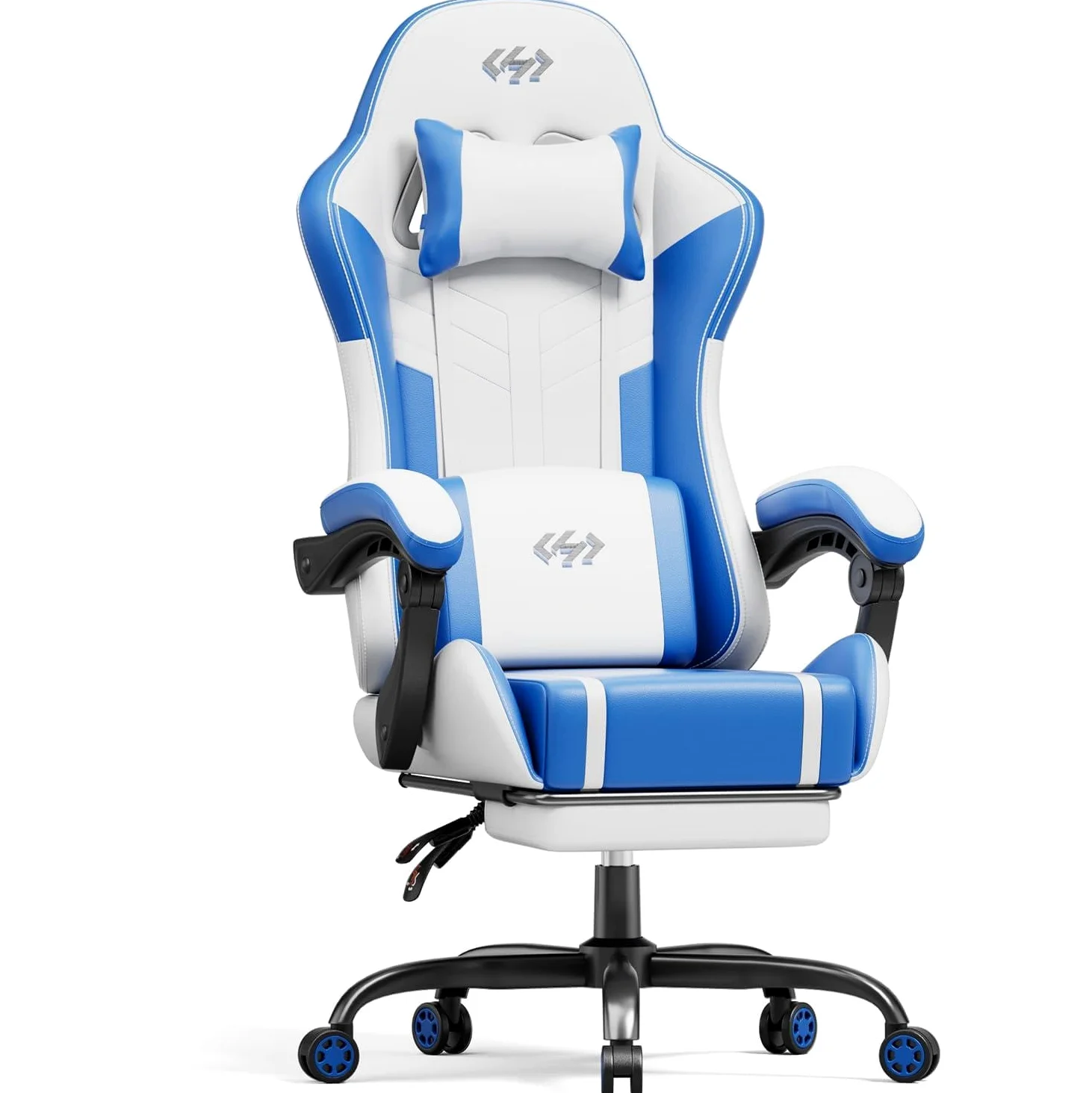 HLFURNIEU Chaise Gaming Massante, Chaise Gamer avec Coussin à Ressorts Ensachés, Fauteuil Gaming avec Coussin Lombaire Massant et Repose-Pieds, Appui-tête, Siège Gaming Blanc et Bleu