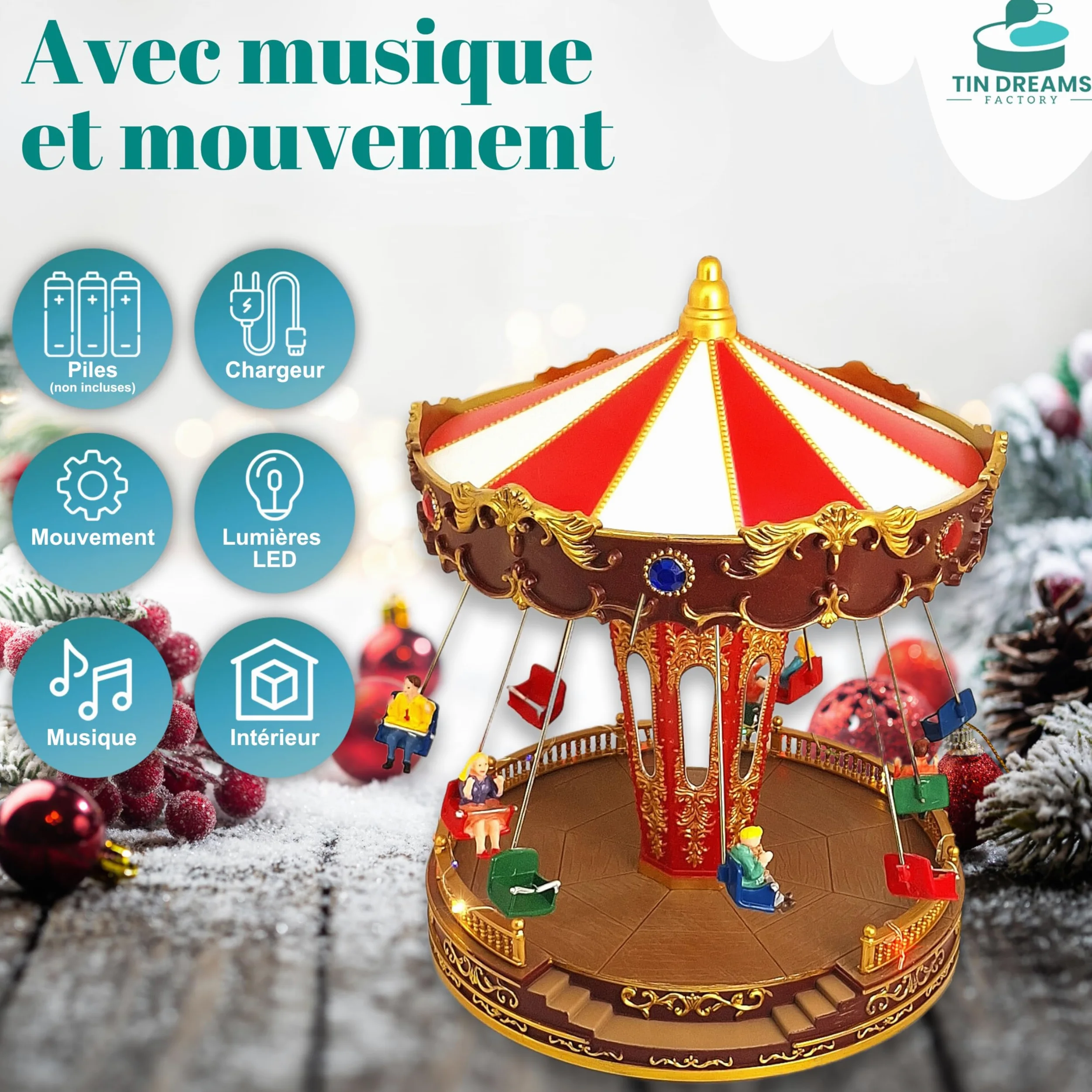 TIN Dreams | Carrousel de Noël Musical avec Mouvement, Lumières LED et Balançoires | Manège de Noël Animé | Décoration Village de Noël, Scène Miniature, Maison Illuminée | Déco Christmas Élégant