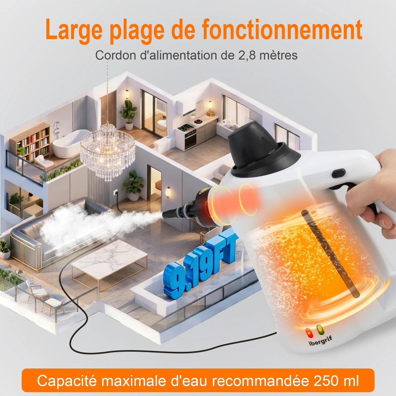 Ibergrif Nettoyeur Vapeur Portatif, 1050W avec 12 Accessoires, 3 Bar Haute Pression, Solution Sans Produits Chimiques, pour Canapé, Cuisine, Joints et Vitres, 350ml, Blanc
