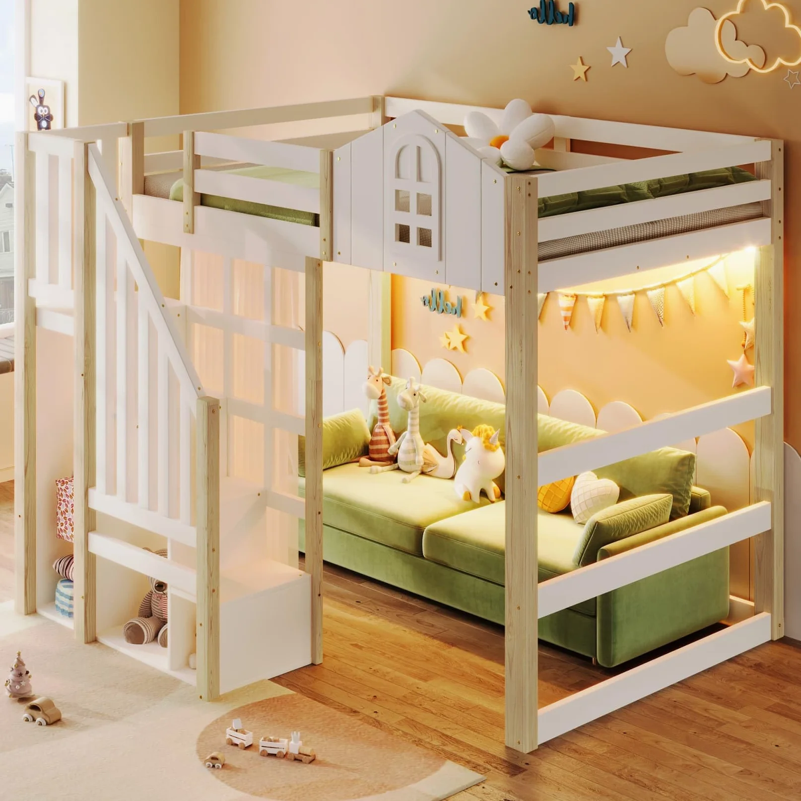 Lit Mezzanine 2 Places 140x200cm,Lit Cabane Enfant avec éclairage LED Réglable,Échelle de Rangement,Rideau en Gaze,Haute Barrière de Type Cabine,pour Enfants Adolescents (Blanc, 140x200)