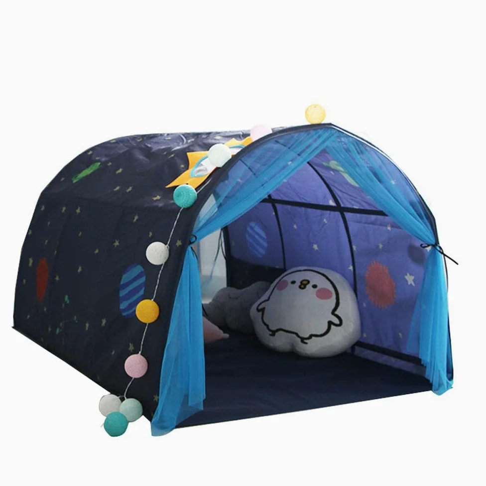 Tente tunnel pour enfant de 90 à 100 cm de largeur, lit mezzanine, tente superposée, tissu, bleu, simple