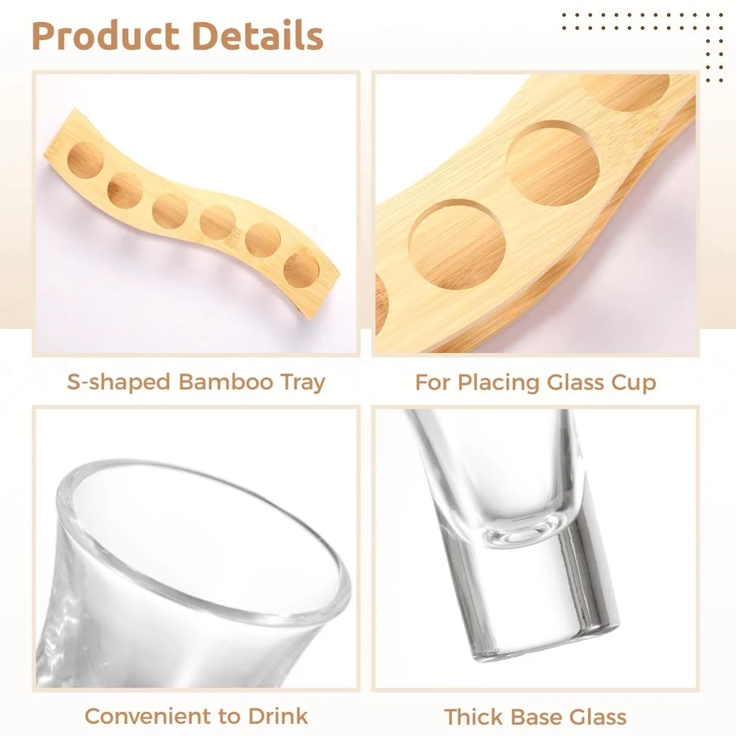 Lot de 6 verres à shot de qualité supérieure avec porte-plateau en bambou en forme de S, gobelets en verre transparent de 25 ml, parfaits pour les fêtes et les restaurants