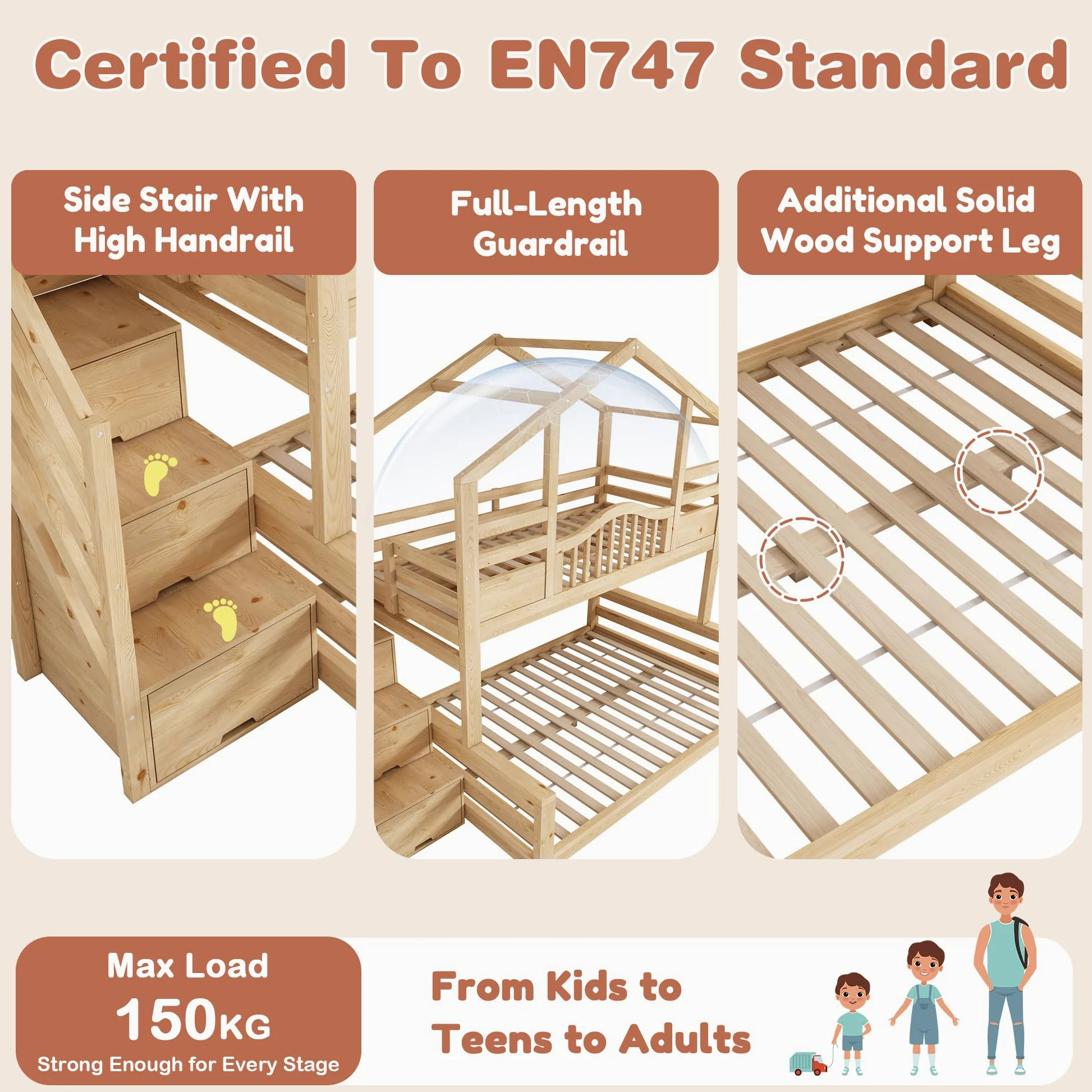 Lit Superposé Enfant avec escalier de rangement et étagères, Lit Enfant multifonctionnel avec 90x200 partie supérieure et 140x200 partie inférieure, en bois naturel Beige Clair Naturel (Sans Matelas)