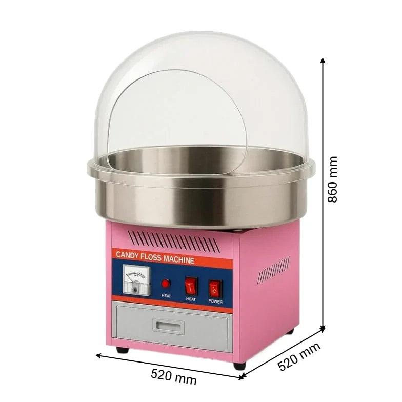 Machine à Barbe à Papa Professionnelle avec Bulle de Protection – 1,8 kg/h, Acier Inox, Cuve 50 cm – Thermostat Réglable – Idéale Événements, Fêtes, Kermesses