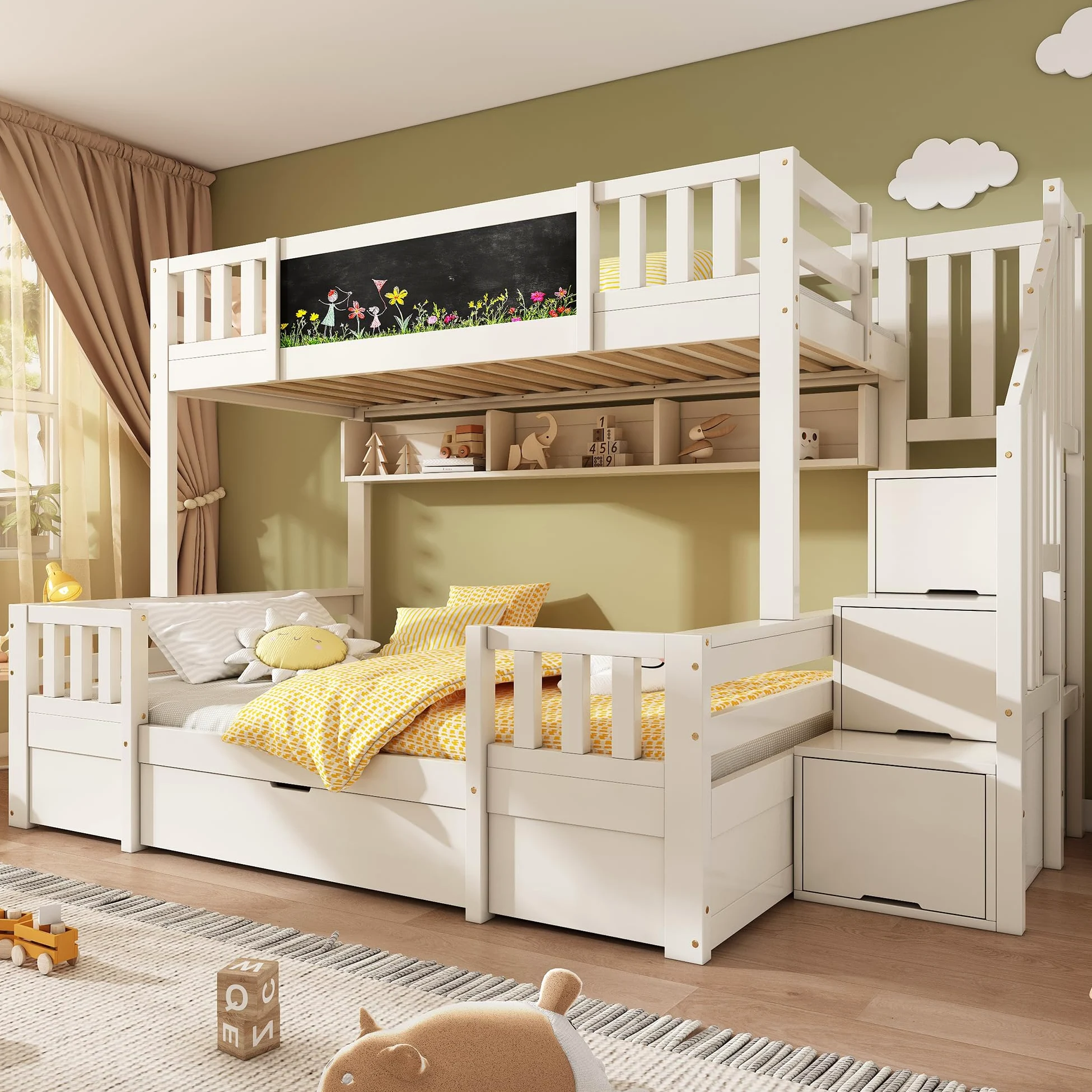 Sapgaks Lit superposé Enfants en Bois Massif 90/140x200 avec Tableau Noir, échelle de Rangement, 2 tiroirs,lit Enfant,Cadre de lit 2 Personne avec Garde-Corps et sommier à Lattes (A-Blanc)