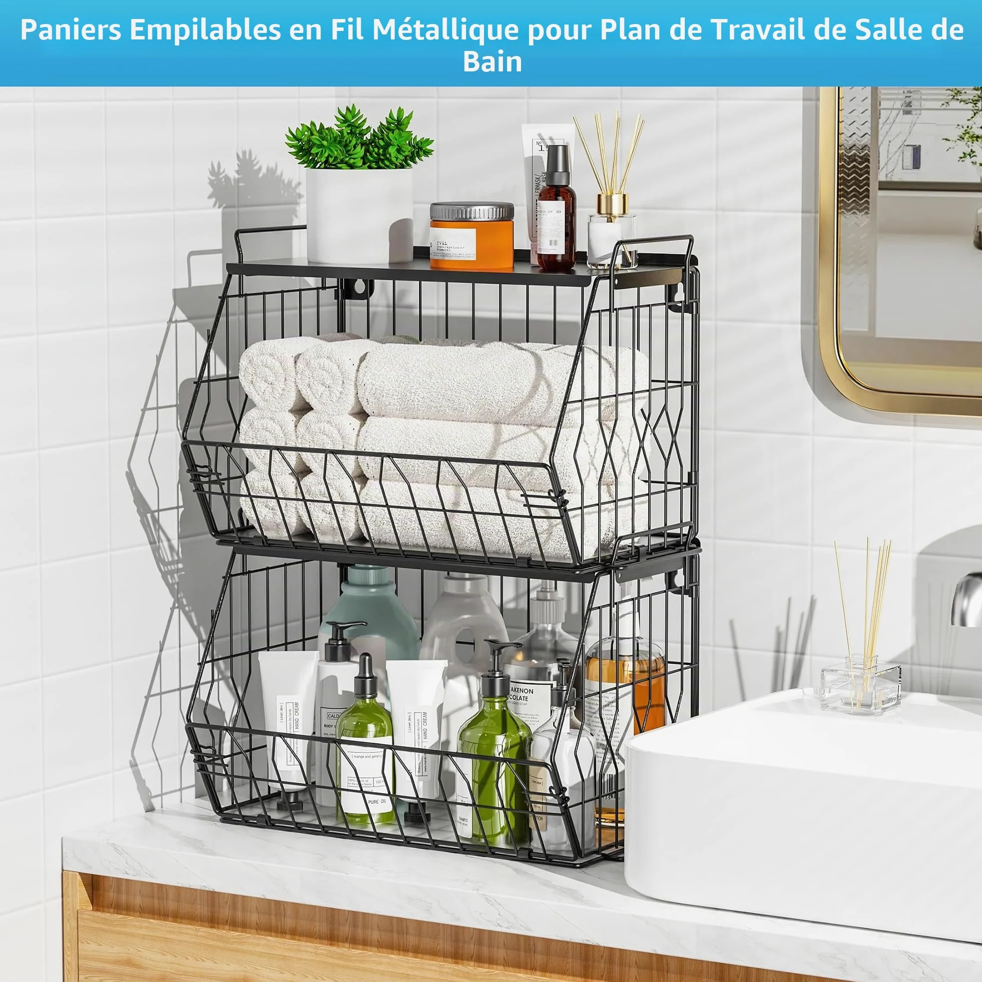 Ezprotekt Lot de 2 corbeilles à fruits empilables avec couvercles en métal, corbeilles à fruits, paniers à fruits empilables à fixation murale, paniers de rangement pour pommes de terre, oignons pour