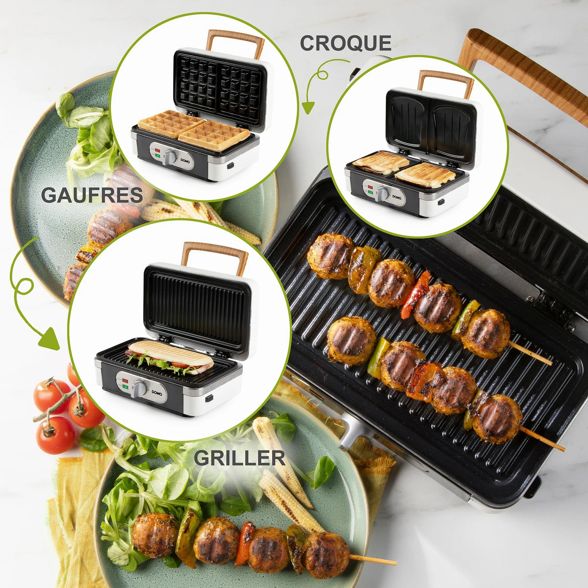 DOMO DO9277C Snackmaker 3 en 1 - Design de luxe en bois - PFAS FREE - Croque-Monsieur, Gaufrier et Gril - Pieds Anti dérapants - Plaques de cuisson interchangeables - 1100W - Blanc Poudré