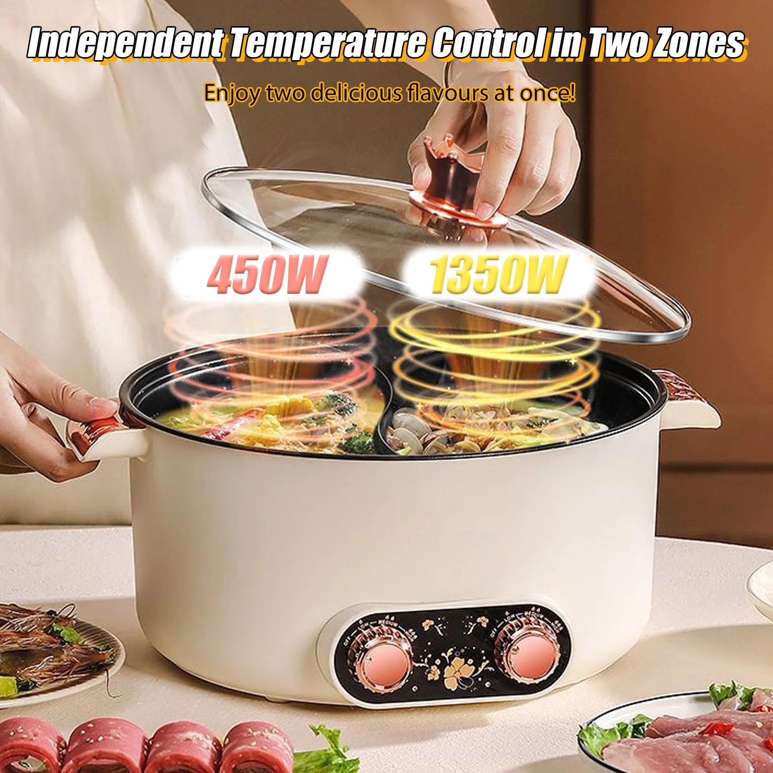 Casserole électrique à 2 côtés avec deux régulateurs 5 L marmite électrique 1350 W trois réglages de puissance poêle à frire antiadhésive multifonction rapide poêle à soupe pour rôtir ramen