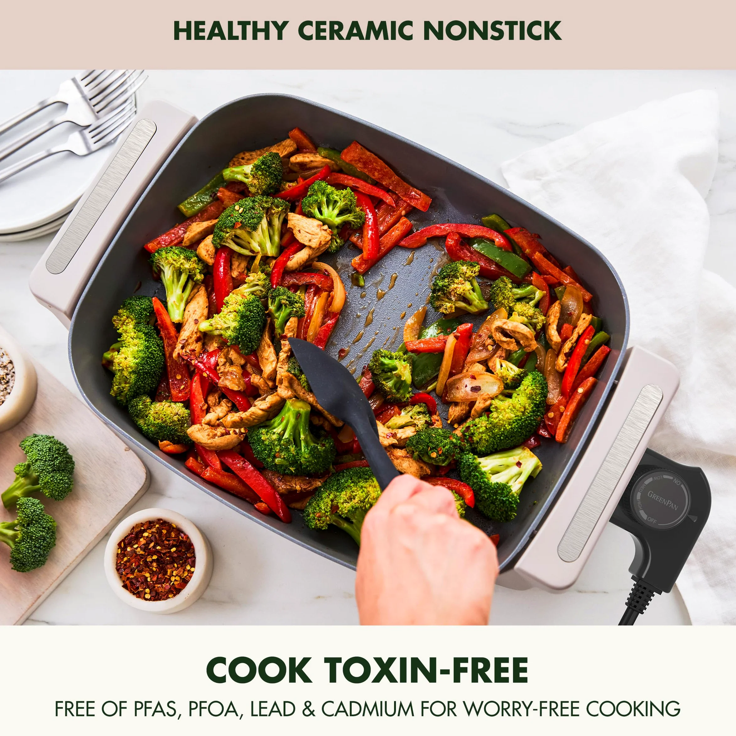 GreenPan Poêle électrique avancée de 30,5 x 38,1 cm avec couvercle, capacité de 7 l pour les repas familiaux, revêtement anti-adhésif en céramique sain, sans PFAS, frire, sauter, vapeur, mijoter,