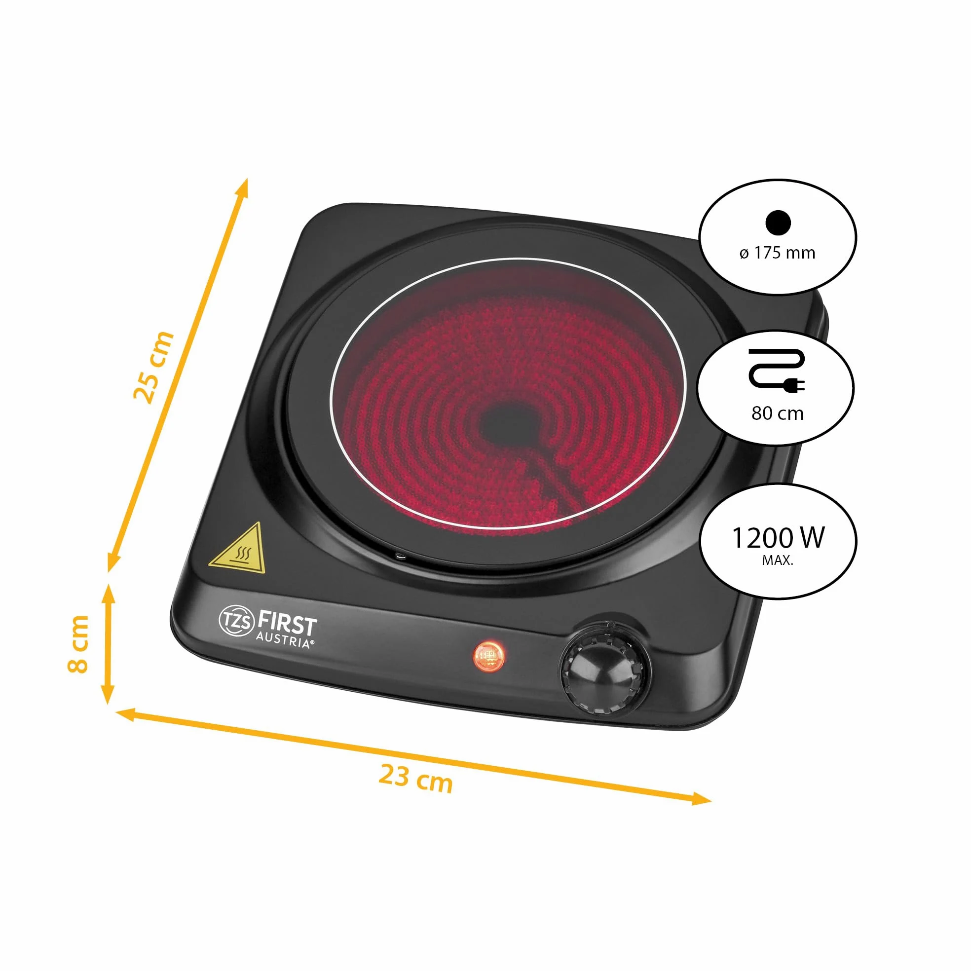 TZS First Austria - Plaque infrarouge 1200W - Ø 175 mm - Réchaud portable avec protection antisurchauffe & thermostat réglable - Plaque vitrocéramique pour tous types de casseroles