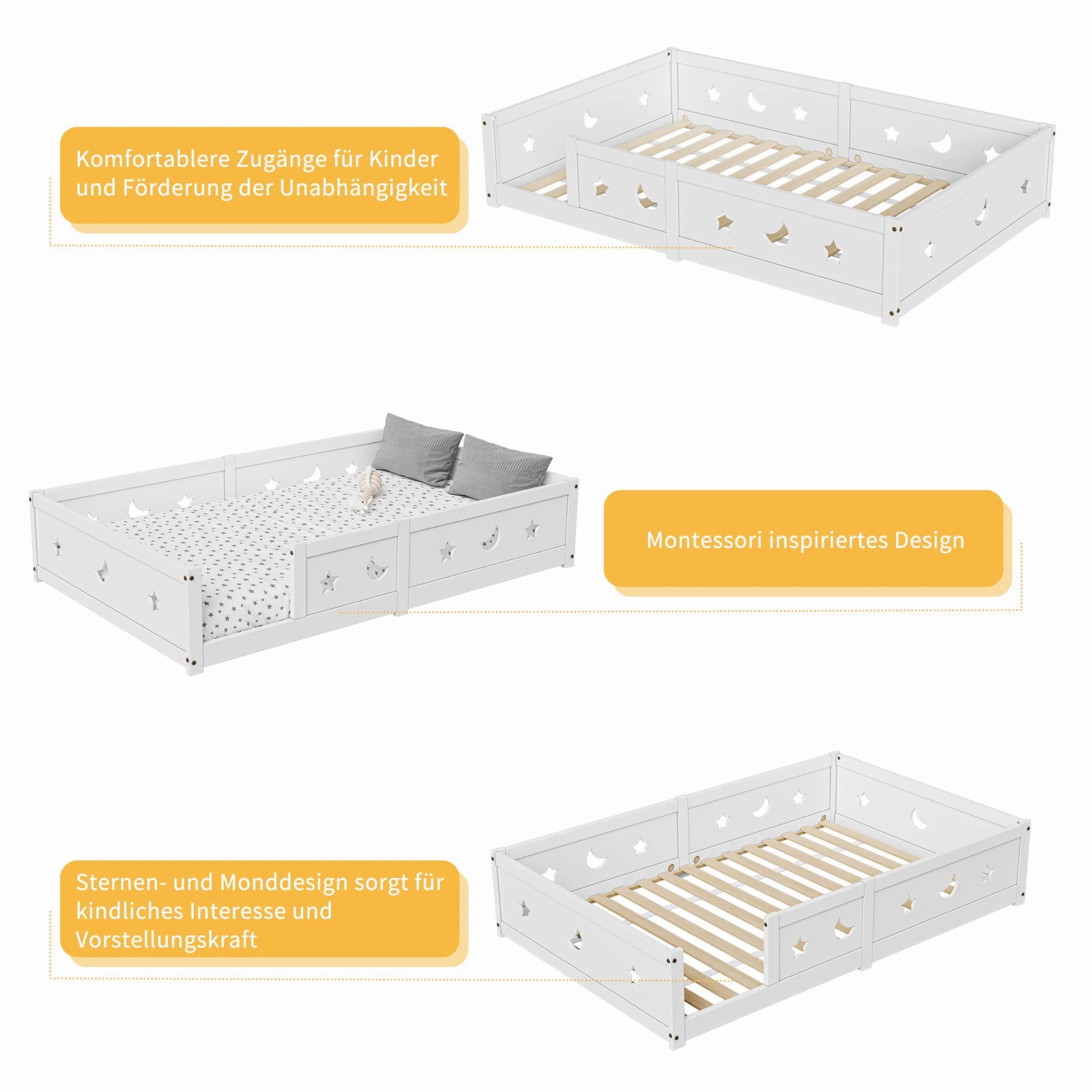 Lit pour Enfant 90x200 cm,lit au Sol Enfant en Bois Naturel avec Protection Contre Les Chutes,Lits Enfant 90x200 avec Étoiles et Lune, Lit Montessori en Panneau de Particules, Blanc