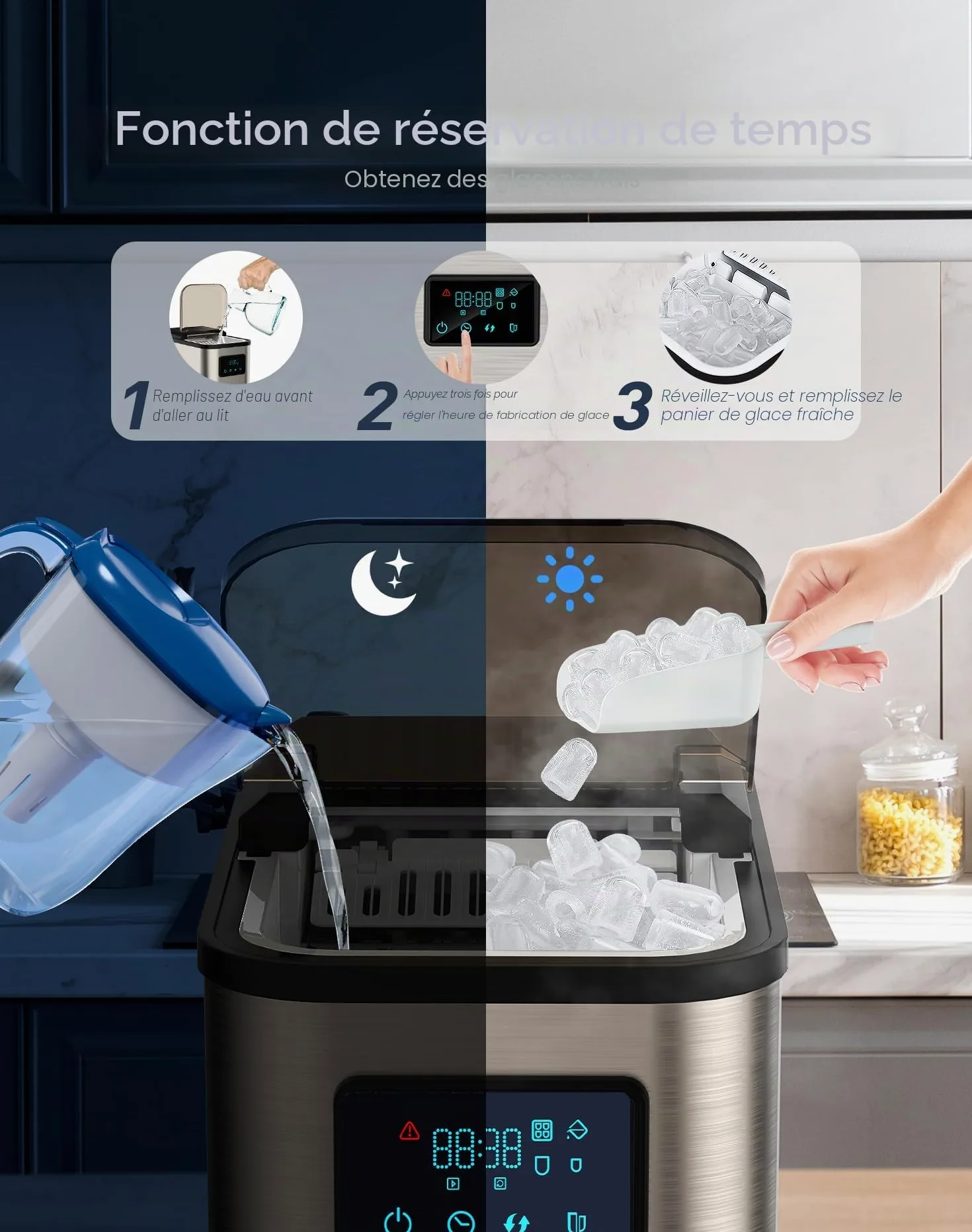 Machine a glacons Acier inoxydable machine a glace machine a glacon avec écran LED et fonction de nettoyage 2 tailles de glaçons 2 litres pour la cuisine le bureau le bar et les fêtes