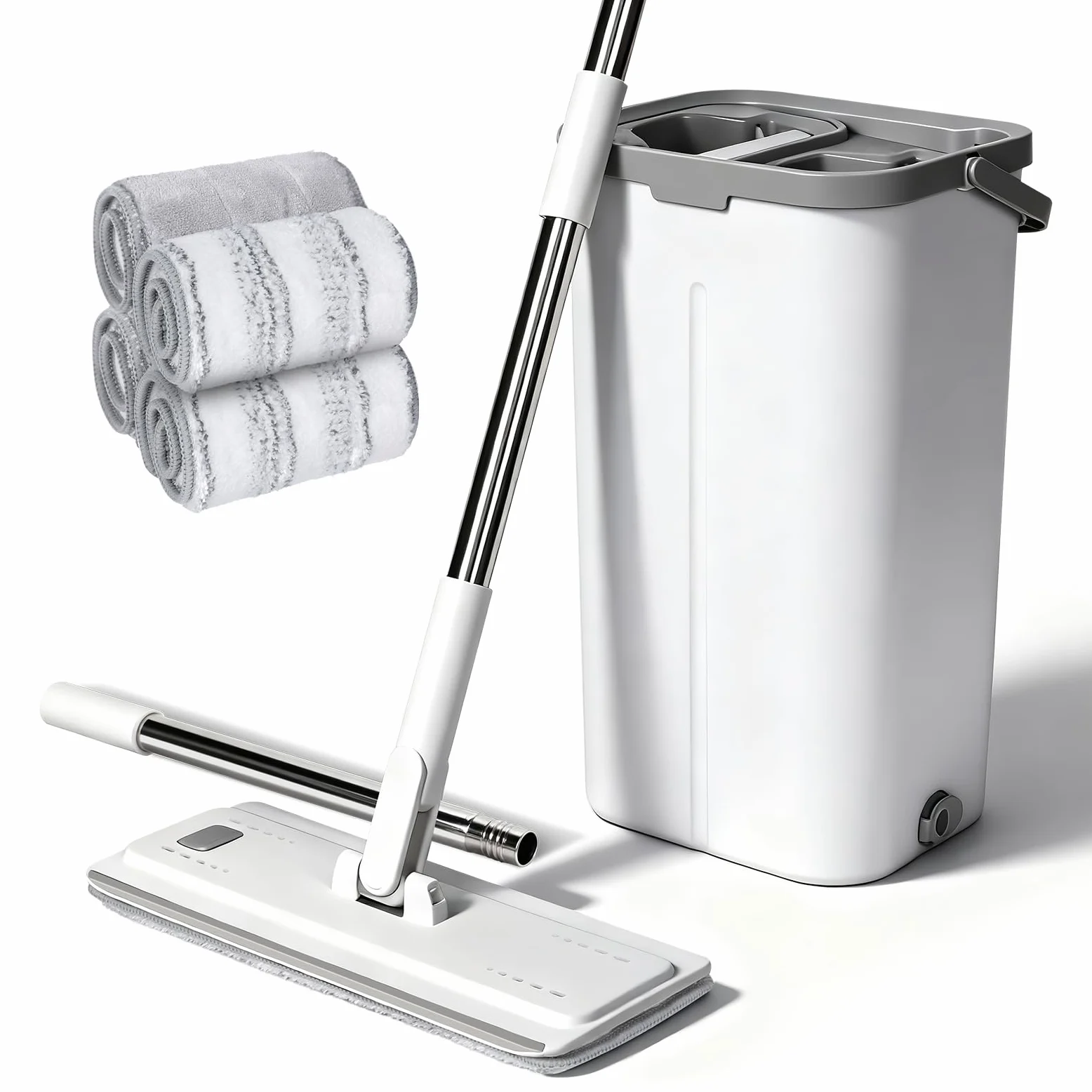 Masthome Serpillière Seau Essoreur 2 en 1, Balai Plat Microfibre avec Manche INOX 140cm, Tête Rotative 360°, 4 Recharges Réutilisables, Nettoyage Hygiénique pour Tous Sols