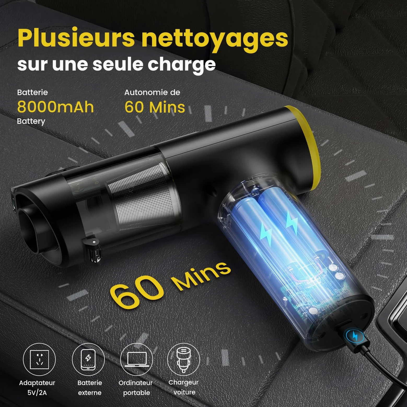 Aspirateur à Main V5 7-en-1, Aspirateur Voiture 28000PA Puissant, Écran LED, LED Lumière, 60 Min Autonomie, Grande Batterie, pour Voiture, Maison, Canapé et Poils d'animaux