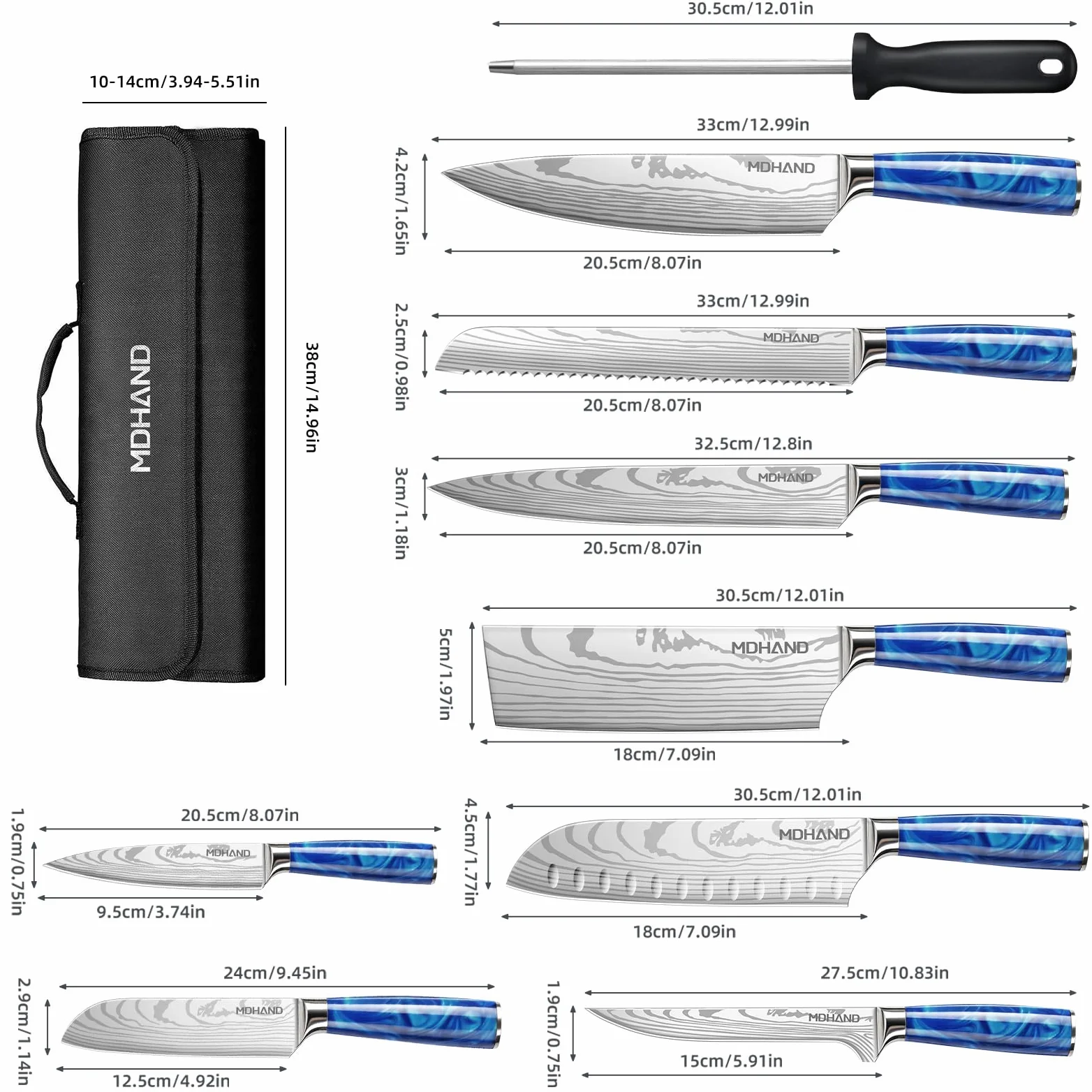 MDHAND Set de Couteaux de Cuisine, 8 pièces couteau cuisine professionnelle avec étui à roulettes, acier inoxydable à haute teneur en carbone extrêmement tranchant Ensemble de couteaux de cuisine