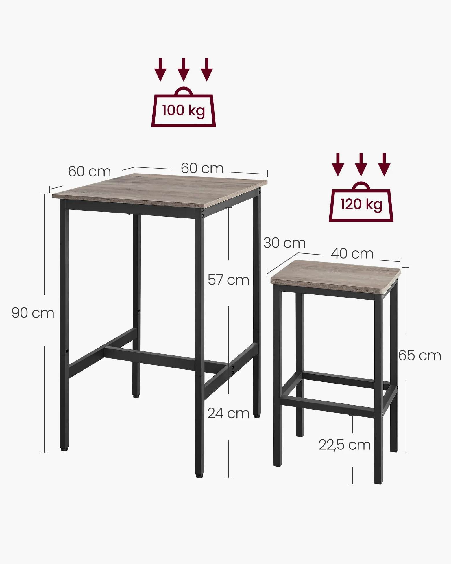 VASAGLE Ensemble Table de Bar avec Tabourets, Table à Manger avec 2 Chaises, Petite Table de Cuisine, Chaises de Bar, pour Salle à Manger, Cuisine, Grège Chiné et Noir d'encre LBT017B02