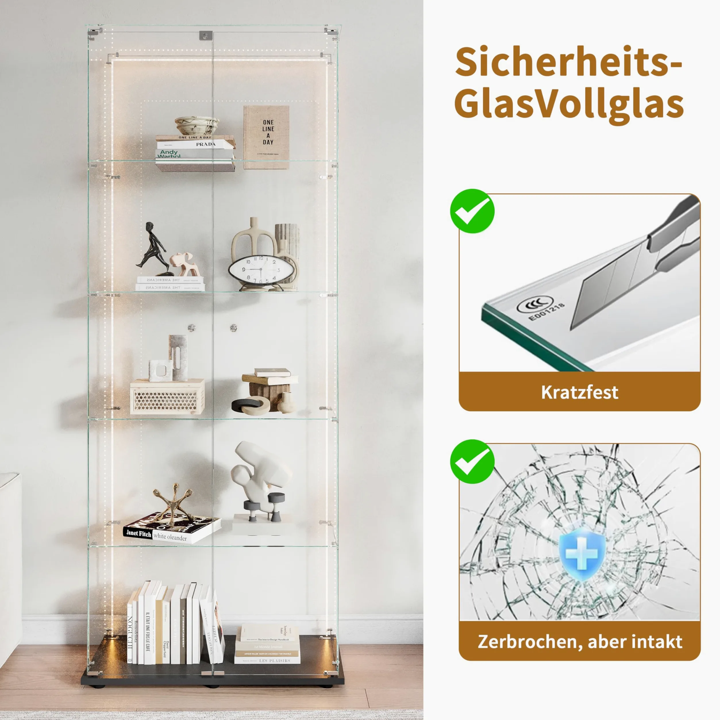 Vitrine en Verre avec LED,Armoire vitrine pour Collection avec 2 Porte 5 étagères Transparent Meuble Vitrine Verre vitrines Figurine Armoire Salon Bar (5 étages 2 Porte+LED-1, Noir)