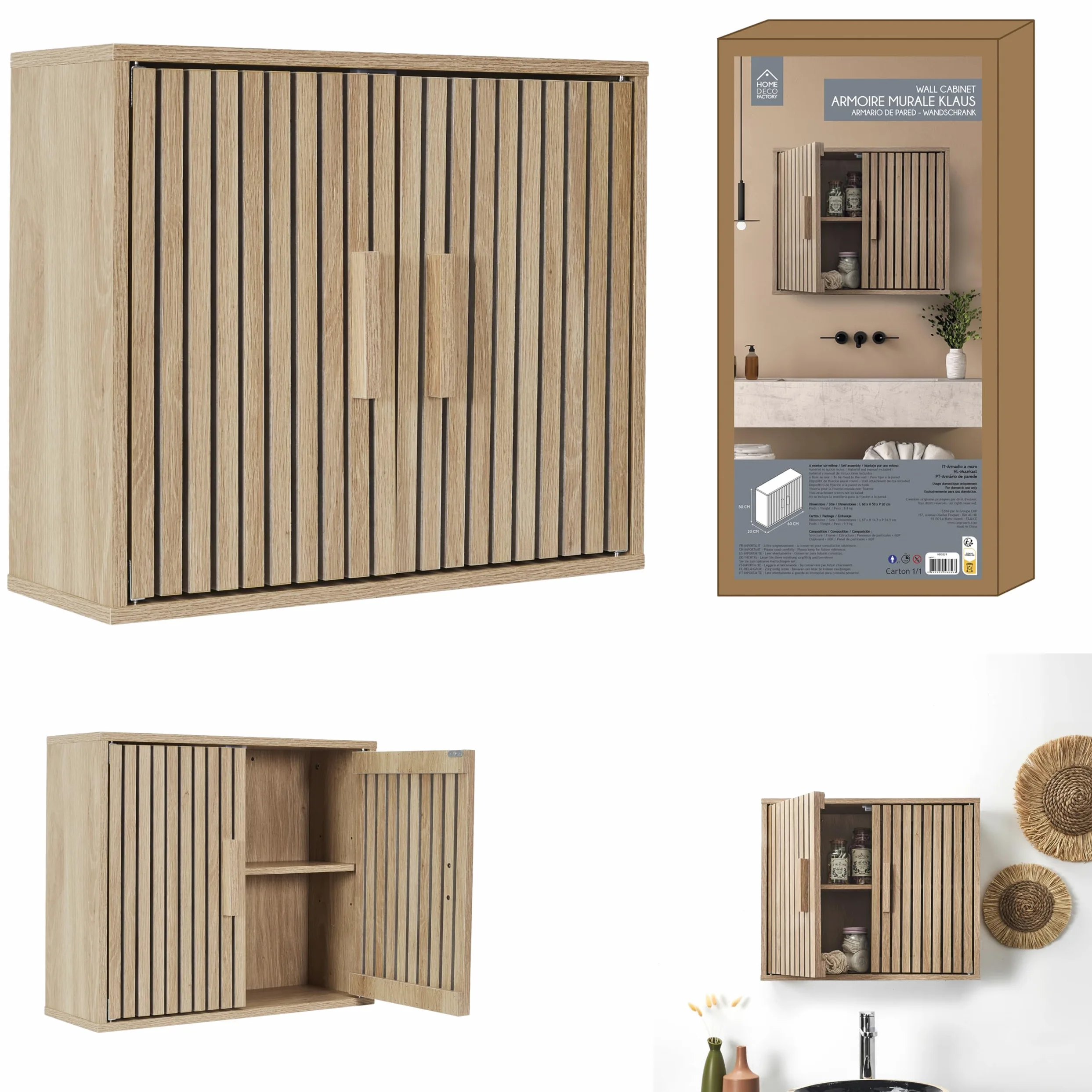 HOME DECO FACTORY - Armoire Murale Klaus - Collection Natural Crush - Mobilier Pratique pour Salle de Bain - Dimensions 60 x 50 x 20 cm - Couleur Marron - Modèle Klaus