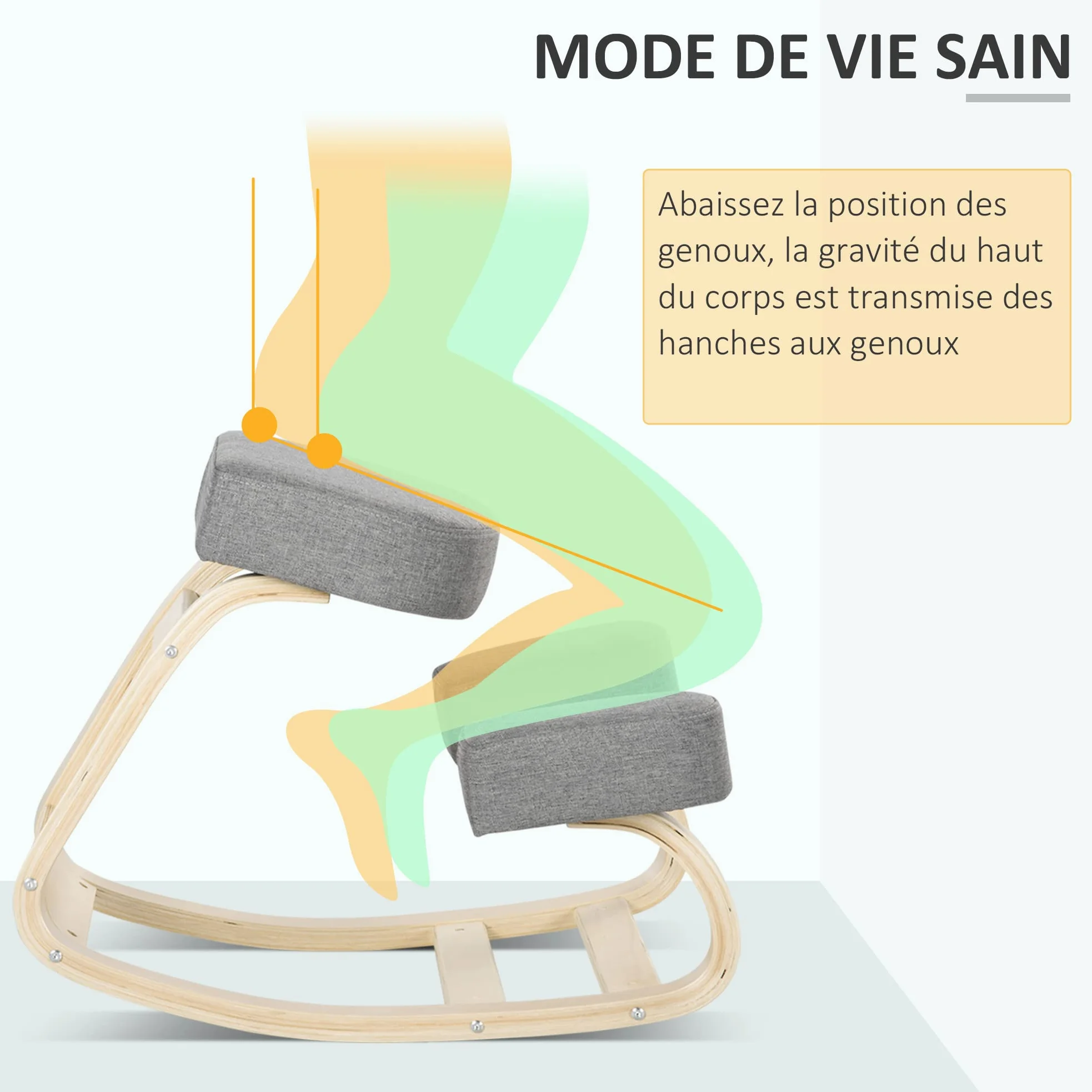 Vinsetto Siège Assis-Genoux Ergonomique Chaise à Genoux Coussin Confortable à Bascule en Tissu et Bois Gris