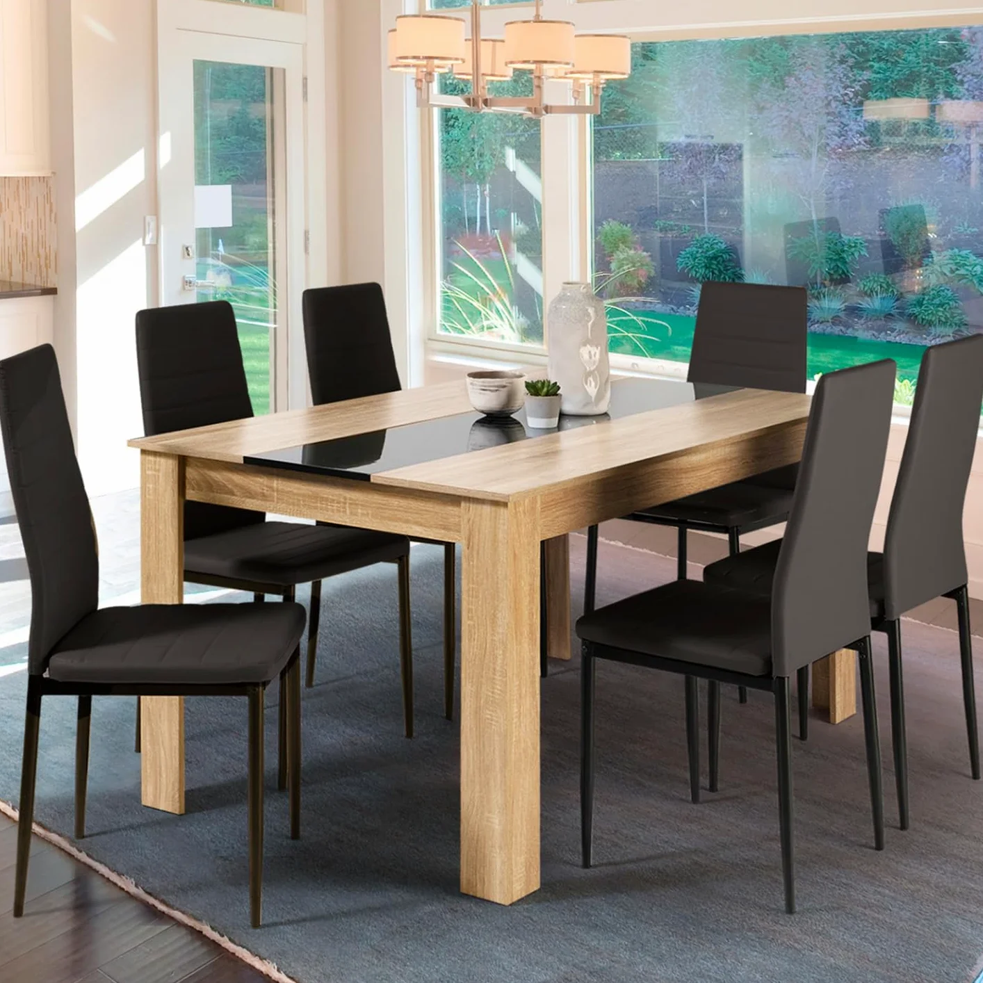IDMarket - Ensemble Table à Manger Georgia 140 cm Imitation hêtre et Noire et 6 chaises Romane Noires