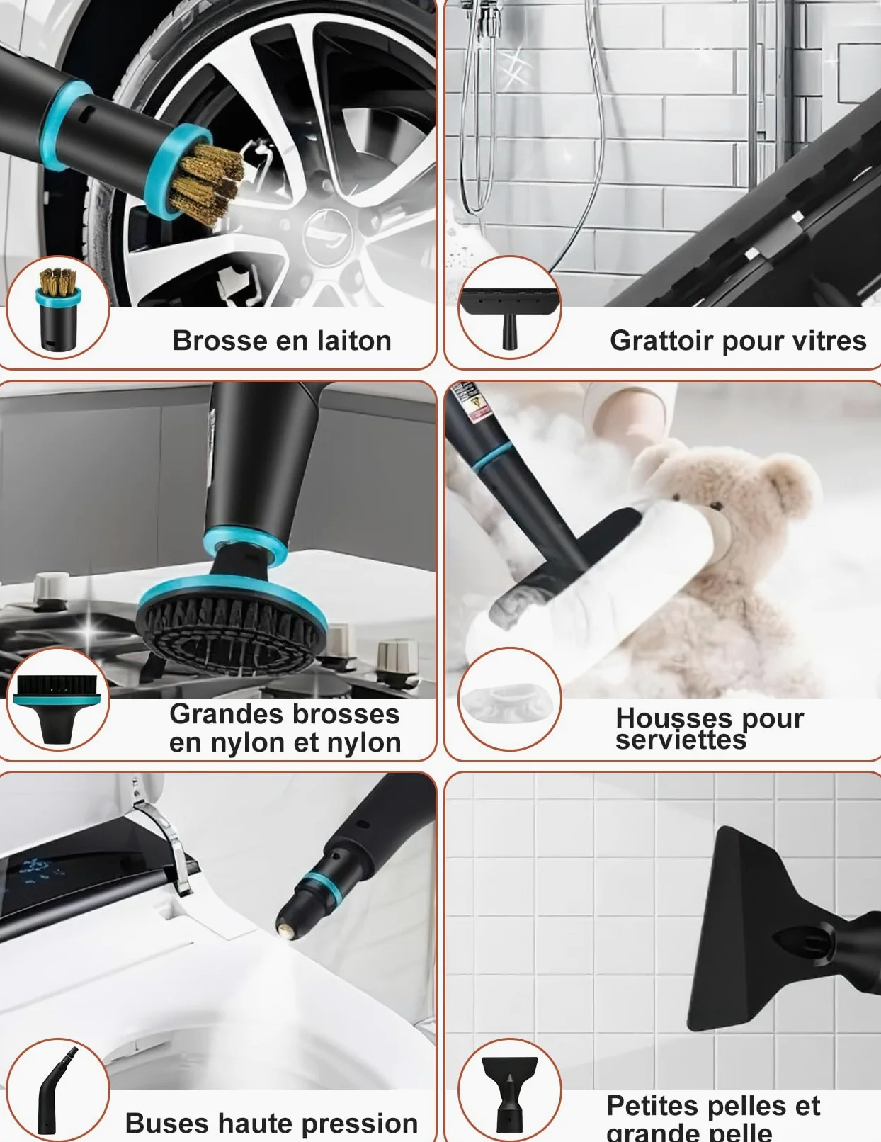 Nettoyeur à Vapeur, 2500W Nettoyeur à Vapeur Manuel Polyvalent avec 6 Vitesses Réglables et 8 Types de Buses, 1250ML Portable Haute Pression pour Maison et Voiture