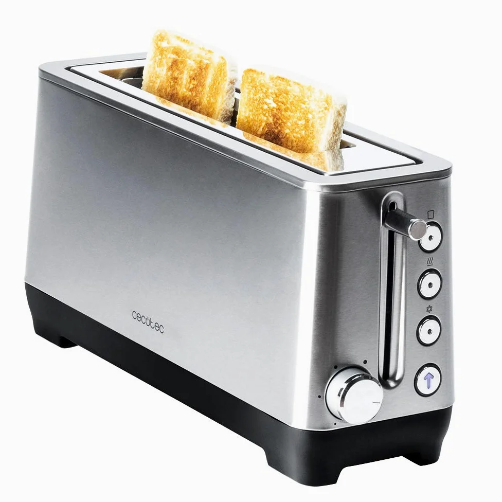 Cecotec Grille-pain BigToast Extra, 1100 W, Fente Longue Extra-large, 4 Fonctions préconfigurées, 6 Niveaux de Puissance, Barres Supérieures pour Réchauffer, Acier, Capacité pour 2 Toasts