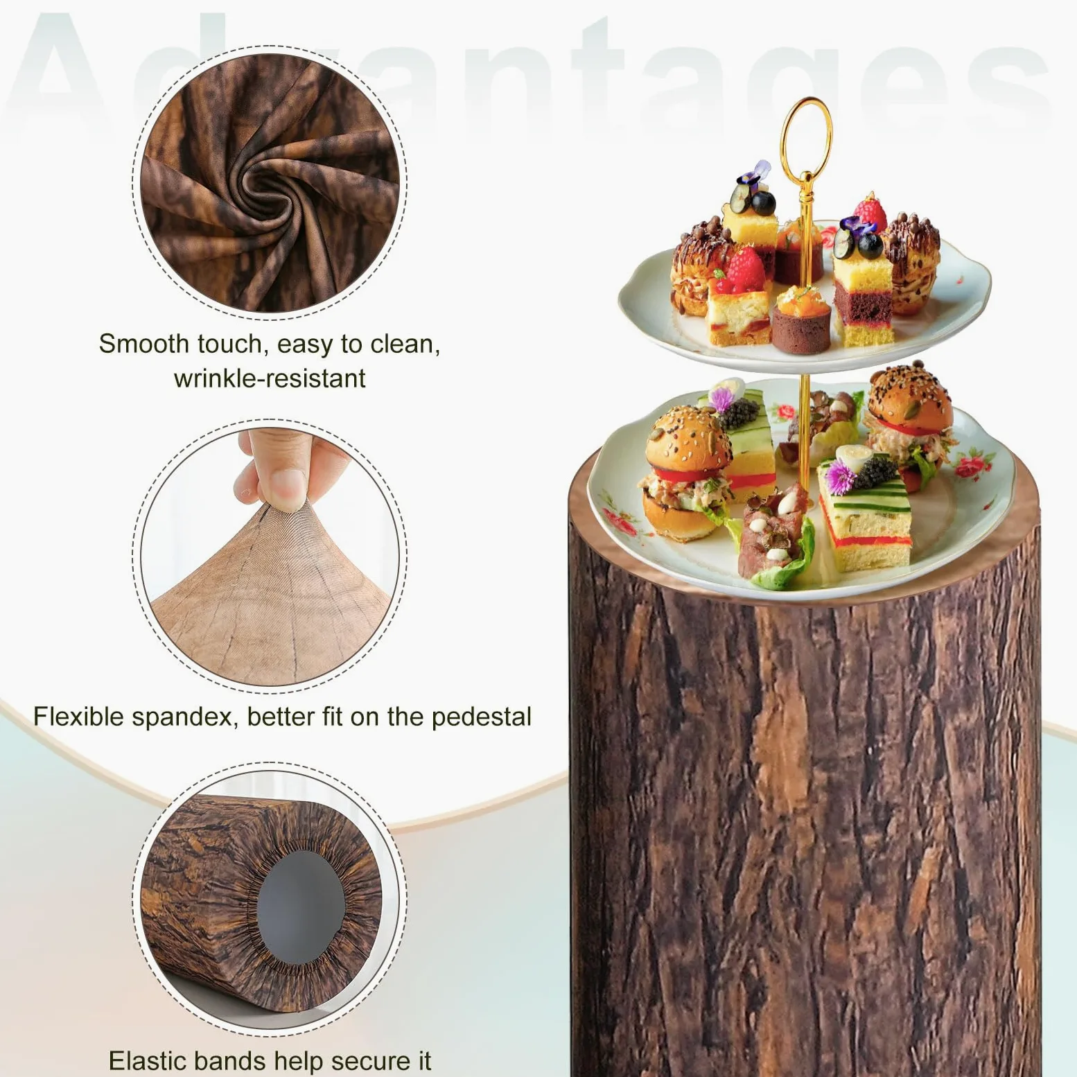 QUARKZMAN Set of 3 Housses De Socle Cylindrique Texture Bois, Housse De Socle Pour Décoration De Fête Mariage Anniversaire, Contient Uniquement (Tissu Élastique - Grand)