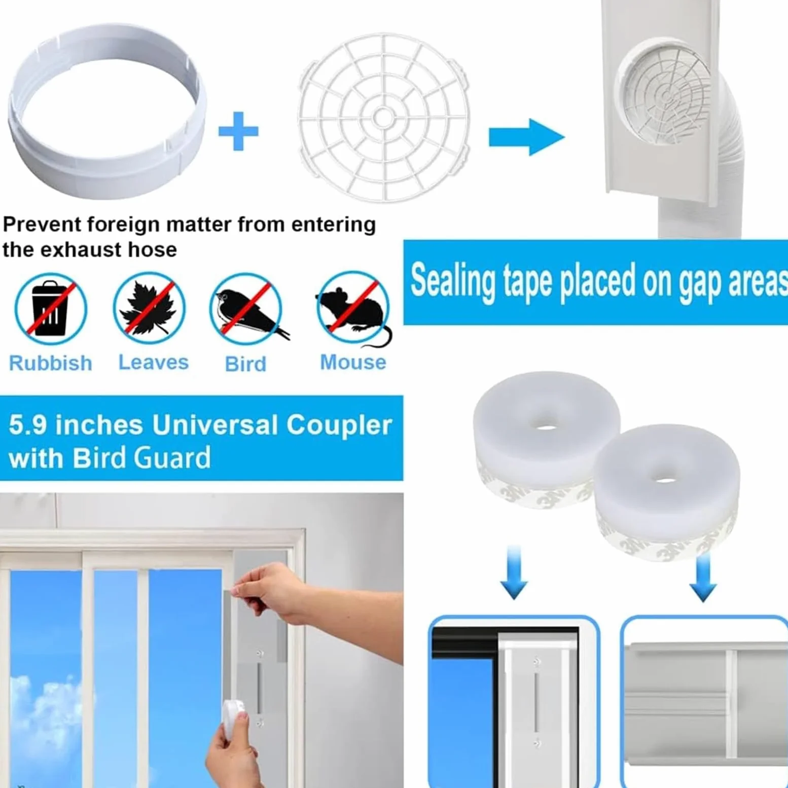 Kit Calfeutrage Climatiseur, Kit Fenêtre pour Climatiseur Mobile, 6 Pièces, 16 x 43-229cm avec Adaptateur de Tuyau d'Évacuation d'Air 15cm, Calfeutrage Fenêtre pour Climatiseur Mobile