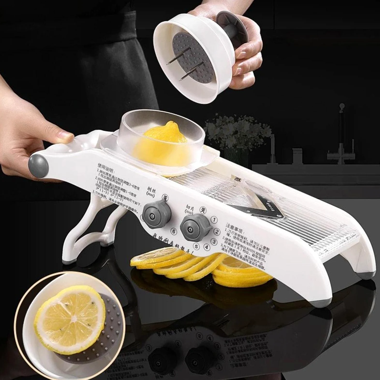 Trancheuse à citron – Trancheuse manuelle pour légumes et fruits avec récipient, épaisseur réglable, machine à trancher pour terre, citron, lingjiong