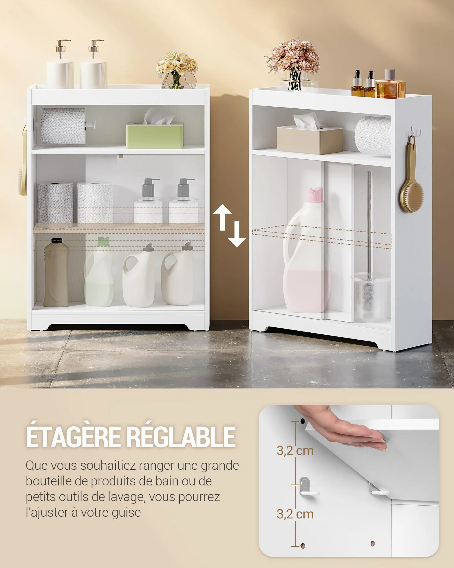 Hzuaneri Meuble de Salle de Bain, Meuble Toilette avec Rangement Papier Toilette et Crochets, Portes Coulissantes, Étagère Réglable, 20 x 60 x 80 cm, Blanc BC62813X