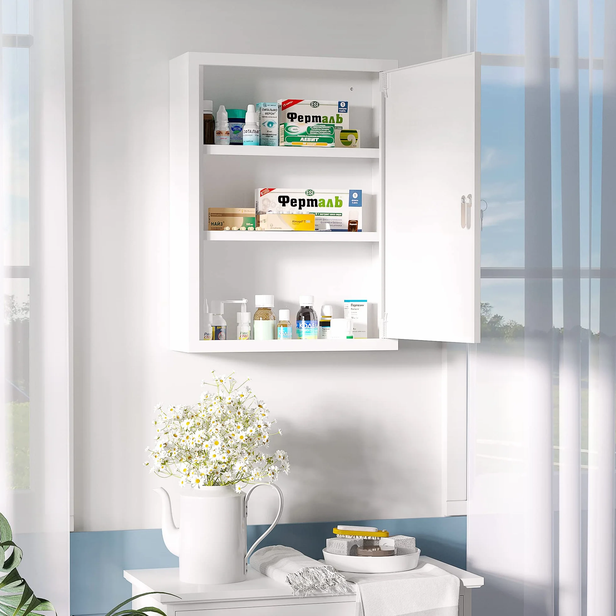 kleankin Armoire à Pharmacie Murale en Acier, Armoire à médicaments Murale à 3 Niveaux avec Porte verrouillable 2 clés, Meuble de Salle de Bain, Couloir, Salon, 40 x 15 x 53,5 cm, Blanc