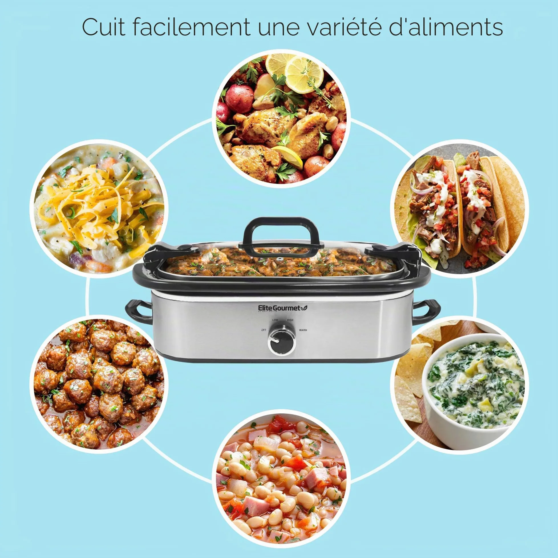 Elite Gourmet MST-5240SS Mijoteuse avec couvercle verrouillable, température réglable, fonction de maintien de la chaleur, passe au four et au lave-vaisselle, contenance 3,3 L, acier inoxydable