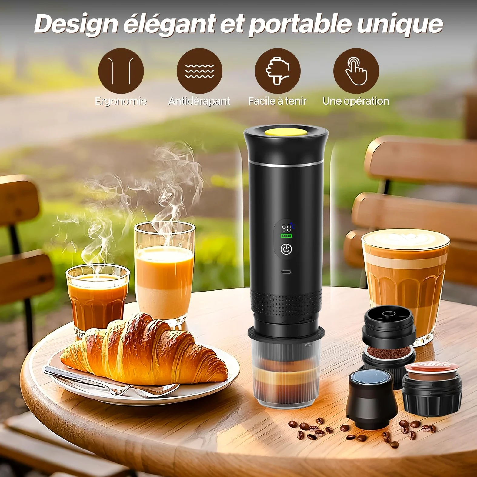 VHV Cafetière Portable 3 en 1,Rechargeable Cafetière Portable de Voyage,12V Expresso Machine a Cafe pour Capsule,Café Moulu,pour Camping,Bureau,Voyage, Maison, Voiture (Noir)