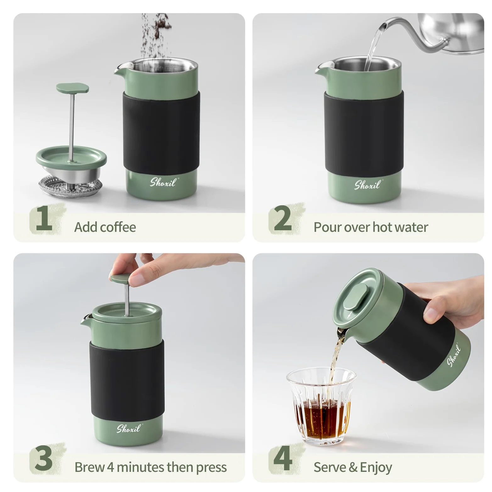 French Press Thermo – 350ml Stainless Steel Coffee Press, 2 Cup Cafetiere for Ground Coffee, Portable French Press