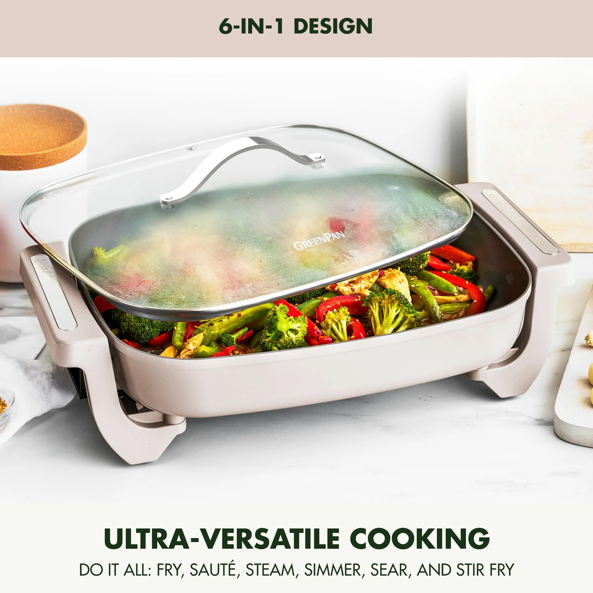 GreenPan Poêle électrique avancée de 30,5 x 38,1 cm avec couvercle, capacité de 7 l pour les repas familiaux, revêtement anti-adhésif en céramique sain, sans PFAS, frire, sauter, vapeur, mijoter,